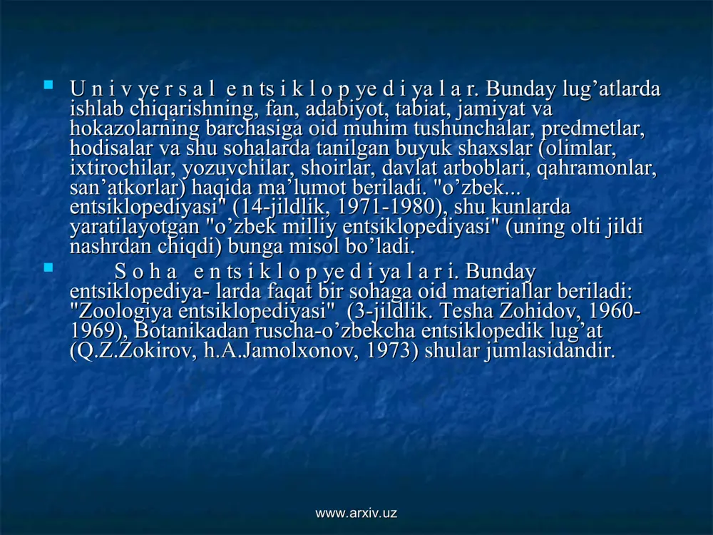 bek tili sinonimlarining izohli lug’ati" (azim hojiev, 1974), "o’zbekcha-ruscha lug’at" (bosh muharrir-prof.a.k.borovkov, 1959), "o’zbek tilining izohli lug’ati", ikki tomli (1981 y.) kabilar izohli lug’atlardir. ob’ekti (materiallarning qaysi sohaga yoki nimaga oidligi) jihatidan ham lug’atlar xilma-xil bo’ladi. chunonchi: a) terminologik lug’atlar: "ruscha-o’zbekcha fizik terminlar lug’ati" (m.d.yagudaev, r.x.mallin, 1952). "ruscha-o’zbekcha matematik terminlar lug’ati" (m.sobirov, 1952), "pedagogikadan qisqacha ruscha-o’zbekcha terminologiya lug’ati" (sh.boyburova, n.takanaev, 1963), "qisqacha ruscha-o’zbekcha iqtisodiy terminlar lug’ati" (o.aminov, j.do’stmuhamedov, a.usmonov, 1971), "turkiy tillarda qavm-qarindoshlik terminlari" (i.ismoilov, 1966) va h.k; b)frazeologik lug’atlar: "o’zbek tilining qisqacha frazeologik lug’ati" (sh.rahmatullaev, 1964); "o’zbek tilining izohli frazeologik lug’ati" (sh.rahmatullaev, 1978); "ruscha-o’zbekcha frazeologik lug’at" (m.sodiqova, 1972); "frazeologicheskiy slovar "hazoyin-ul maoniy" alishera navoi" (e.a.umarov, 1971) v)orfografik lug’atlar: "o’zbek adabiy tilining orfografik lug’ati" (s.ibrohimov, m.rahmonov, 1940), "imlo lug’ati" (olim usmon, 1941, 1949); "o’zbek adabiy tilining imlo lug’ati" (s.ibrohimov, m.rahmonov, 1956), "o’zbek tilining qisqacha imlo lug’ati" (f.kamolov, z.ma’rufov tahriri ostida, 1962), "imlo lug’ati" (y.abdullaev, m.omilxonova, s.zufarova, 1970-1976), "o’zbek tilining imlo …