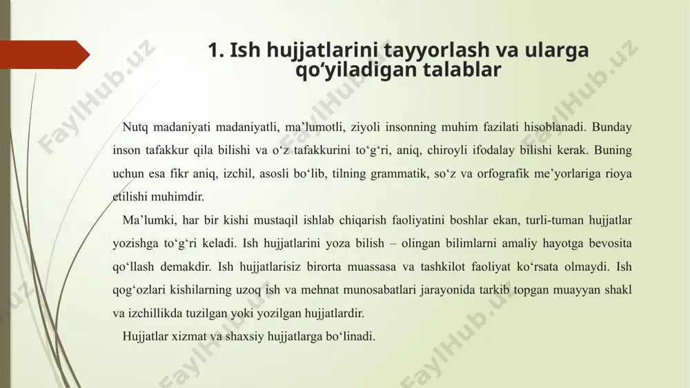 r mavjud. xususan, majxul nisbatdagi 3-shaxs buyruq-istak maylidagi yoki utgan (yoki xozirgi-kelasi) zamondagi fe’l shakllarining." qo’llanish darajasi anchayin yuqori: topshirilsin, tasdiqlansin, bajarilsin, bo’shatilsin, tayinlansin; eshitildi, qaror qilindi, ko’rib chiqildi, ko’rsatib o’tildi kabi. 1. ish hujjatlarini tayyorlash va ularga qo‘yiladigan talablar nutq madaniyati madaniyatli, ma’lumotli, ziyoli insonning muhim fazilati hisoblanadi. bunday inson tafakkur qila bilishi va o‘z tafakkurini to‘g‘ri, aniq, chiroyli ifodalay bilishi kerak. buning uchun esa fikr aniq, izchil, asosli bo‘lib, tilning grammatik, so‘z va orfografik me’yorlariga rioya etilishi muhimdir. ma’lumki, har bir kishi mustaqil ishlab chiqarish faoliyatini boshlar ekan, turli-tuman hujjatlar yozishga to‘g‘ri keladi. ish hujjatlarini yoza bilish – olingan bilimlarni amaliy hayotga bevosita qo‘llash demakdir. ish hujjatlarisiz birorta muassasa va tashkilot faoliyat ko‘rsata olmaydi. ish qog‘ozlari kishilarning uzoq ish va mehnat munosabatlari jarayonida tarkib topgan muayyan shakl va izchillikda tuzilgan yoki yozilgan hujjatlardir. hujjatlar xizmat va shaxsiy hujjatlarga bo‘linadi. xizmat hujjatlari muassasa, tashkilot, korxona yoki ularning vakolatiga ega …