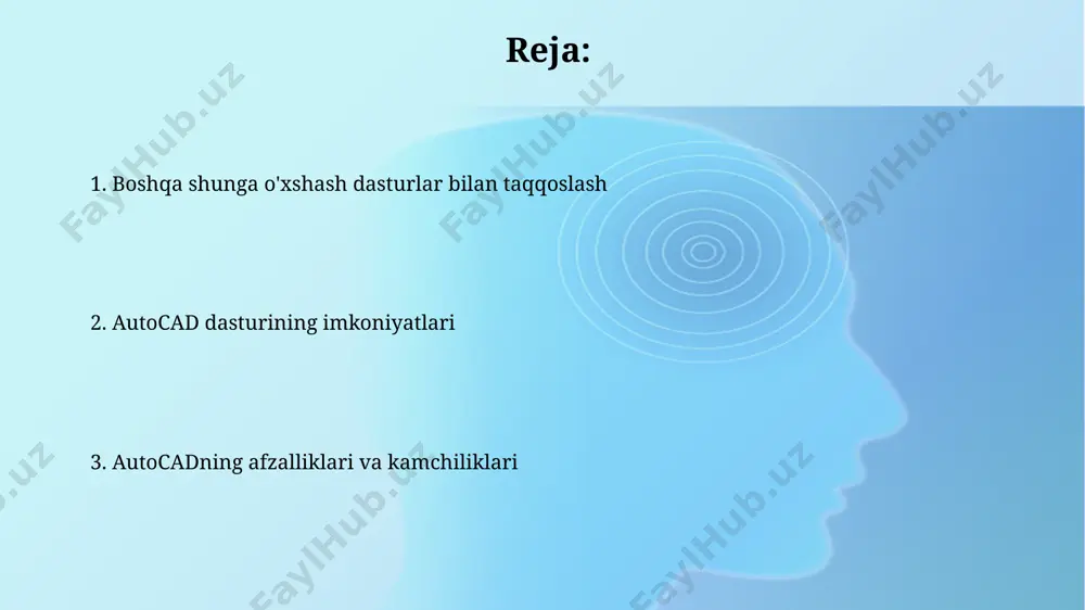 qarishda 25-30% ko'proq resurs talab qiladi. autocadning narxi va litsenziyalash autocadning litsenziyalash tizimi obunaga asoslangan. bitta foydalanuvchi uchun bitta litsenziya talab etiladi, ko'p foydalanuvchilar uchun esa tarmoq litsenziyalari mavjud. autodesk autocad’ni uch xil muddatga: bir oylik, bir yillik va uch yillik litsenziyalarni taqdim etadi. narxlar litsenziya muddati va versiyasiga qarab farq qiladi. moslashtirish va avtomatlashtirish (lisp, vba) moslashish avtomatlashtirish 2d chizmalar yaratish va tahrirlash autocad 2d chizishda qatlamlar (layers) tushunchasidan foydalanadi, loyihaning har bir elementi uchun alohida qatlamlarni belgilash orqali chizmani 256 rangda vizualizatsiya qilish imkonini beradi. autocad-da 2d ob'ektlarini tahrirlash uchun "qirqish", "uzatish", "birlashtirish" kabi 10 dan ortiq o'zgartirish buyruqlari mavjud, ular loyihani optimallashtirishga yordam beradi. autocad interfeysi va uning asosiy elementlari autocad interfeysi va uning asosiy elementlari: dastur oynasi tepasida "quick access toolbar" joylashgan bo'lib, unda saqlash, ochish, bekor qilish kabi eng zarur 7-10 ta buyruqlar mavjud. 3d modellashtirish va vizualizatsiya 3d modellashtirish va vizualizatsiya autocad’ning 3d modellashtirish …