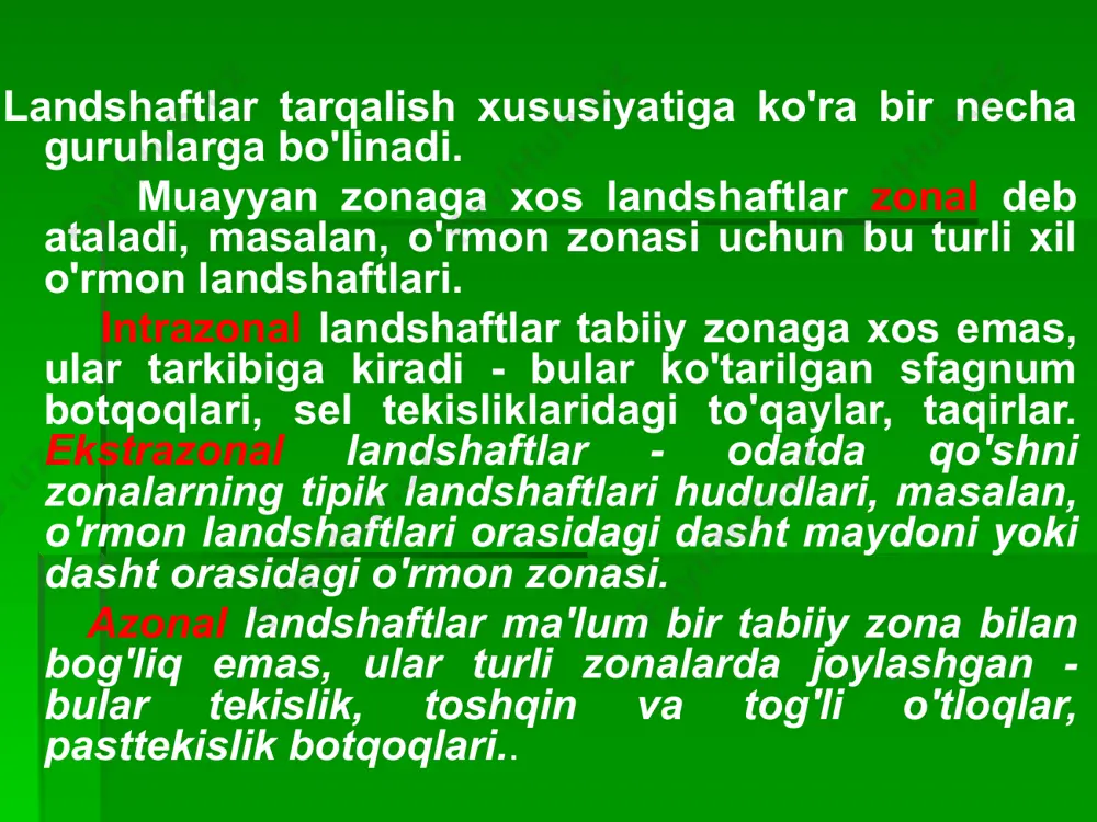 kada landshaft ekologiyasining rivojlanishi sezilarli darajada farq qildi. evropada landshaft ekologiyasi ekologik inqirozga javob va uni biokibernetika nuqtai nazaridan hal qilishga urinish sifatida vujudga keldi. u tabiiy muhitni muhofaza qilish va landshaftni rejalashtirish metodologiyasi va usullarini ishlab chiqish uchun fan sifatida ekologiya va geografiya doirasidan chiqarila boshlandi. shimoliy amerikada landshaft ekologiyasining ajralishi biroz keyinroq sodir bo'ldi va biologik fan sifatida ekologiyaga asoslandi, unda ekotizim jarayonlarini, ayniqsa hayvonlarning migratsiyasini tushuntirish uchun fazoviy tashkil etish omilini jalb qilish, shuningdek, tabiatni baholash uchun zarur bo'ldi. konfiguratsiya hajmi va shakliga qarab populyatsiyalarning yashash qobiliyati yashash joylari aniqlandi landshaft ekologiyasi - ekologiya va geografiyaning fazoviy xilma-xilligi va landshaft elementlarini (masalan, dalalar, to'siqlar, daraxtlar guruhlari, daryolar yoki shaharlar) va ularning joylashishining tarqalishi va oqimiga qanday ta'sir qilishini o'rganadigan fan sohasi. zamonaviy landshaft ekologiyasi bir qator ustuvor tadqiqot yo'nalishlariga ega: 1) landshaft mozaikasidagi ekologik oqimlar; 2) erdan foydalanishning sabablari, jarayonlari va oqibatlari va landshaft qoplamining o'zgarishi; 3) …