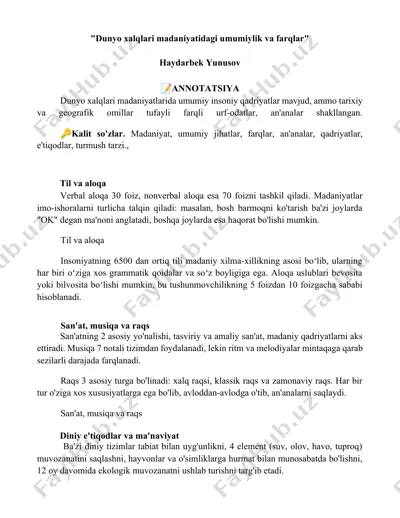 dunyo xalqlari madaniyatidagi umumiylik va farqlar — DOCX