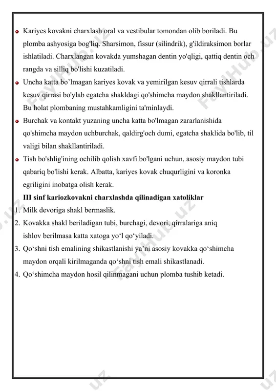 i inobatga olish kerak. iii sinf kariozkovakni charxlashda qilinadigan xatoliklar 1. milk devoriga shakl bermaslik. 2. kovakka shakl beriladigan tubi, burchagi, devori, qirralariga aniq ishlov berilmasa katta xatoga yo‘l qo‘yiladi. 3. qo‘shni tish emalining shikastlanishi ya’ni asosiy kovakka qo‘shimcha maydon orqali kirilmaganda qo‘shni tish emali shikastlanadi. 4. qo‘shimcha maydon hosil qilinmagani uchun plomba tushib ketadi.