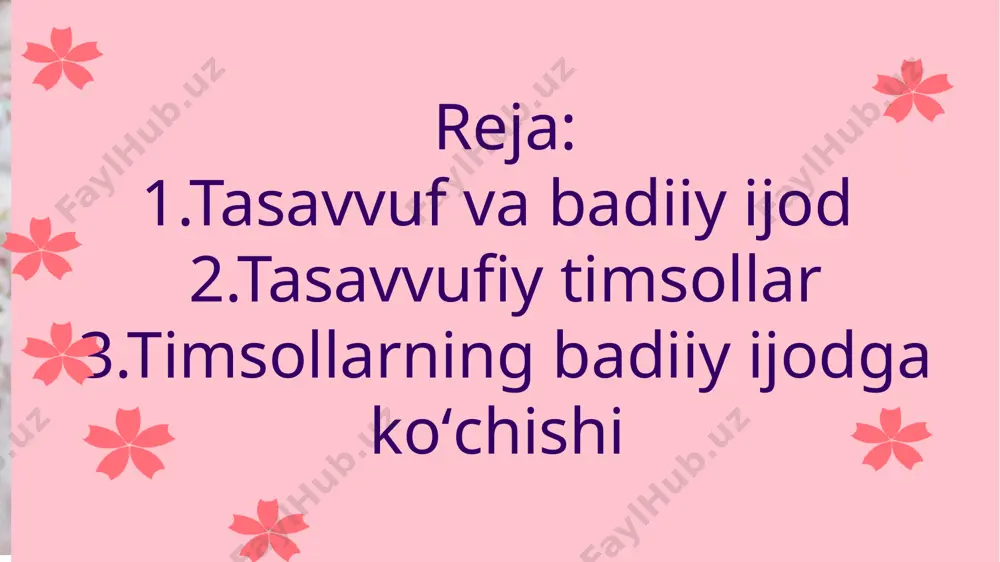 h» tasavvufiy timsol-atama sifatida she’riyatda mavjud dunyo ramzi hisoblanadi. albatta, mavjud dunyoni ham alloh yaratib, uni harakatga keltirgan, unga oʻz ilohiy nurini soch- gan (tajalli etgan). biroq dunyo kasrat, ya’ni koʻplikni anglatadi. soch - yuzga nisbatan qora. shunga koʻra, tasavvufiy talqinda u iloh manbasiga nisbatan qorongʻi va bepoyon (chunki soch - uzun). sochning chin-u shikanlari (jingala-yu halqalari) solik ruhi ovora va band boʻladigan dunyo tashvishlarini anglatadi. inson ham - tajalliyot mahsuli, aniqrogʻi, uning oxiri. shuning uchun u hayoti mobaynida ana oʻsha asl manbaga qaytishga intilaveradi. u ana shu chin-u shikanlami (bu dunyo tashvishlarini) yengmasa, mutlaq ruh, ya’ni alloh jamolini (yuzini) koʻrish baxtiga musharraf boʻla olmaydi. «yol» istilohi tasavvufni, alloh ishqini bildiradi. allohga muhabbat yoʻli bevosita pir qalbi orqali oʻtadi. chunki tasavvufda pirga komillik timsoli sifatida qaraladi. tasavvuf va badiiy ijod faqat so'z san'atini anglatmaydi. so'fiylik o'ziga xos musiqa, tasviriy san'at, raqs va hatto so'fiylik teatrlarini yaratdi. she'riyat, raqs, qo'shiq va …