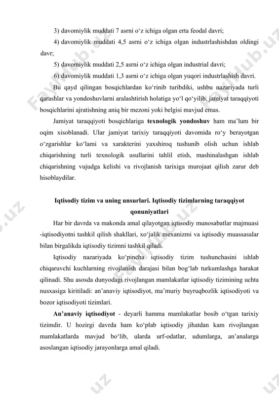 , ularda urf-odatlar, udumlarga, an’analarga asoslangan iqtisodiy jarayonlarga amal qiladi. bozor iqtisodiyotiga qarama-qarshi tizim, ma’muriy-buyruqbozlik iqtisodiyoti hisoblanadi. bu tizim amalda barcha moddiy resurslarga ijtimoiy aniqrog‘i davlat mulkchiligining hukmronligi va ma’muriy organlar tomonidan iqtisodiy qarorlarning markazlashgan tartibda qabul qilinishi bilan xarakterlanadi. foydalanadigan resurslarning hajmi, mahsulotning tarkibi va taqsimlanishi, ishlab chiqarishni tashkil qilish kabilarga tegishli barcha muhim qarorlar markaziy boshqarish organlari tomonidan qabul qilinadi. iqtisodiy taraqqiyotda muhim bosqich hisoblangan tizim bozor iqtisodiyoti tizimidir. bozor iqtisodiyoti tizimi asosan ikki bosqichga egadir. birinchisi erkin raqobatga asoslangan klassik bozor iqtisodiyoti bo‘lib, ba’zi adabiyotlarda uni sof kapitalizm deb ham yuritiladi. ikkinchisi esa hozirgi zamon rivojlangan bozor iqtisodiyoti bo‘lib, uni aralash iqtisodiyot tizimi deb ham yuritiladi. iqtisodiy munosabatlarning takomillashuvi va iqtisodiy taraqqiyot iqtisodiy munosabatlarning takomillashuvi iqtisodiyot tarmoqlarini texnik jihatdan yangilash va qayta qurollantirishni taqozo qiladi. ushbu jarayonda amalga oshirilayotgan ishlar ijtimoiy hayotimizning deyarli barcha jabhalarida tadbiq etilib, qamrab olinish ko‘lamlari esa muntazam va bosqichma-bosqich kengaytirib borilmoqda. milliy …