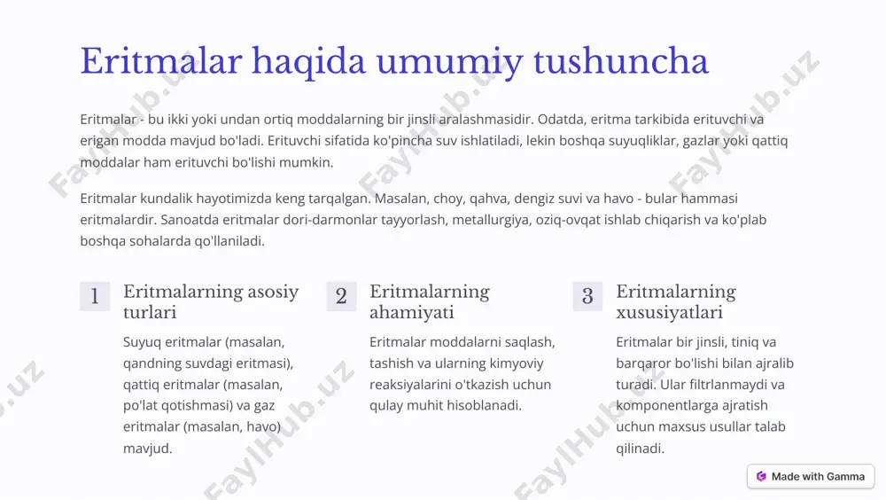 mogenlik - eritma barcha nuqtalarda bir xil tarkibga ega diffuziya - erigan modda zarrachalari eritma bo'ylab tarqaladi osmotik bosim - eritmada paydo bo'ladigan qo'shimcha bosim qaynash haroratining ko'tarilishi va muzlash haroratining pasayishi https://gamma.app/?utm_source=made-with-gamma erite olish va eritmalarni ajratish usullari erite olish - bu moddani erituvchida eritish jarayoni. bu jarayonga bir qancha omillar ta'sir qiladi, jumladan harorat, bosim, erituvchi va erigan moddaning tabiati. eritmalarni ajratish esa aralashmalarni tarkibiy qismlarga bo'lish uchun qo'llaniladi. 1 erite olish usullari haroratni oshirish, aralashtirishni kuchaytirish, maydalash orqali sirt maydonini kengaytirish kabi usullar qo'llaniladi. 2 kristallizatsiya eritmani sovitish yoki bug'latish orqali erigan moddani kristall shaklda ajratib olish. 3 distillatsiya suyuqliklarni qaynash haroratlaridagi farqdan foydalanib ajratish usuli. 4 ekstraksiya erigan moddani boshqa erituvchi yordamida ajratib olish. 5 xromatografiya aralashmani tarkibiy qismlarga ajratishning zamonaviy usuli. https://gamma.app/?utm_source=made-with-gamma konsentratsiya va qattiqliq tushunchasi konsentratsiya - bu eritmadagi erigan modda miqdorining o'lchovidir. u eritmaning asosiy xarakteristikalaridan biri hisoblanadi va ko'plab kimyoviy jarayonlarda muhim …