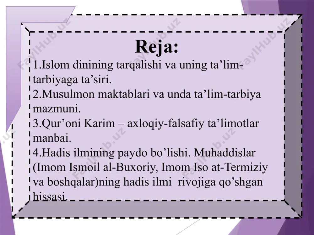 30-40 ta. qur’on yod olish usuli; yozish, hisob, arab tili, savdo san’ati, mantiq, notiqlik, husnihat, ahmad yassaviy hikmatlari o’rgatilgan. islom dinining tarqalishi. maktab va madrasalarda ta’lim mazmuni madrasa dars о‘qitiladigan joy. ma’ruza-tinglaydigan joy. 15-20; 30-40; 100-150 talaba tahsil olgan. arab tili grammatikasi; qoida-fikr ilmi; ilohiyot, mantiq, notiqlik, matematika, geografiya, kimyo. imom-xatib, qozixonalar kotibi, noshirlar tayyorlangan. diniy kitoblarning tarbiyaviy ahamiyati. qur’oni karim - umumbashariy qadriyat, ilohiy, ilmiy-dunyoviy ta’limot sifatida. qur’oni karim-umumbashariy qadriyat sifatida maqsad - shaxs insonni tarbiyalash vazifalari. 1. qur’on-islom aqidalari e’tiqod va shariat talablarini bayon qiladi. qur’on-kiroat о‘qish ma’nosini bildiradi. ilm-sо‘zi 750; marta takrorlanadi. 2. huquqiy-ahloqiy me’yorlari va tasviflarini ifodalaydi. - bu o‘zak allox, rabb (bо‘lmoq) gapirmoq kabi о‘zak-sо‘zlardan keyin beshinchi о‘rinda turadi. 3. yosh avlodni ma’naviy-ma’rifiy kamolotiga oid fikrlar, qarashlar manbaidir; 96 surasi qur’onning asosiy mazmuni vositasi muhammad payg‘ambarga nozil bо‘lgan. alaq surasi 5 - oyati “yaratgan robbing nomi bilan о‘qi!” ilmga qiziqtirish-zumar surasi; 9 - oyat ilm …