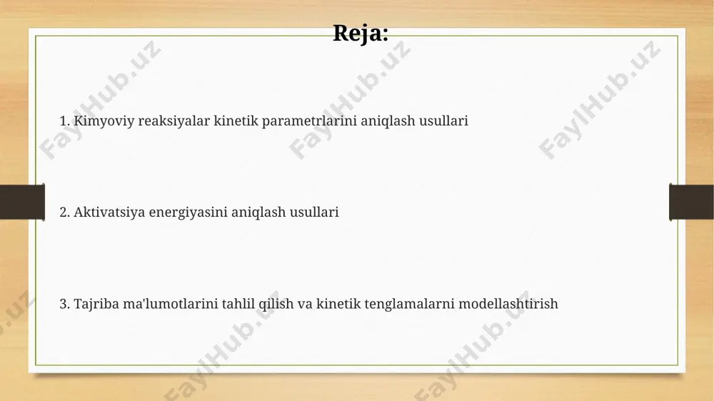 topiladi; kesishuv nuqtasi esa ln a ni beradi. arrhenius tenglamasidan foydalanib, 20-30°c oraligʻidagi haroratlarda oʻtkazilgan 3 ta tajriba natijalari asosida reaksiyaning faollashuv energiyasi (ea) va oldingi eksponent koeffitsiyenti (a) aniqlanishi mumkin. reaksiyaning turli haroratlarda (masalan, 10°c, 25°c va 40°c toshkentdagi laboratoriyada) oʻtkazilgan tajribalar natijalarini ln k ga qarshi 1/t ga qarshi chizish orqali arrhenius grafigi tuziladi. kimyoviy reaksiyalar kinetikasi asoslari reaksiyaning faollashtirish energiyasi (ea)ni aniqlash uchun arrhenius tenglamasidan foydalaniladi va bu usulda kamida 3 ta har xil temperaturada reaksiya tezligi o'lchanadi. kimyoviy reaksiyalar kinetikasini o'rganishda 2-tartibli reaksiyalar uchun tezlik konstantasi (k) ni aniqlashda differensial va integral usullar samarqand davlat universitetida keng qo'llaniladi. toshkent shahridagi ilmiy-tadqiqot institutlarida 10-20% xatolik chegarasi bilan reaksiya kinetikasi parametrlarini aniqlash uchun spektroskopik usullar samarali qo'llanilmoqda. eng kichik kvadratlar usuli ushbu usul, reaksiya tezligi ma'lumotlarini (masalan, 5 ta har xil haroratda olingan ma'lumotlar) chiziqli yoki logaritmik shaklda ifodalash orqali, eng mos to'g'ri chiziqni topishga va undan reaksiyaning …