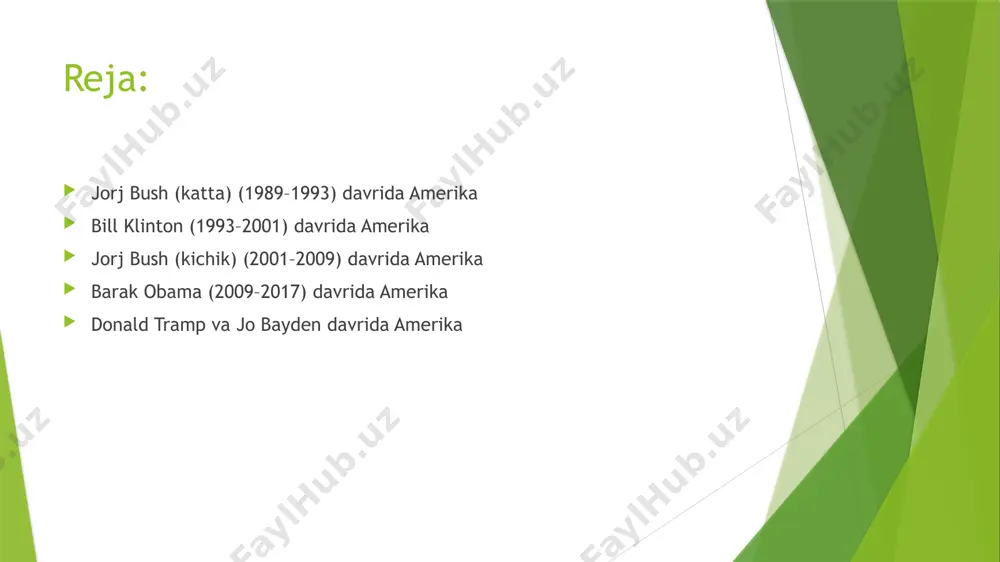 iy qurollarni kamaytirishga qaratilgan start i shartnomasi (1991) imzolandi. fors ko‘rfazi urushi (1990–1991) 1990-yil avgust oyida iroq prezidenti saddam husayn quvaytga bostirib kirdi. bush xalqaro koalitsiyani boshqarib, bmt ruxsati bilan “sahrodagi bo‘roni operatsiyasi"ni amalga oshirdi. 1991-yil fevralida aqsh va uning ittifoqchilari iroqni quvaytdan haydab chiqarishdi. ushbu urush aqsh harbiy qudratini namoyon qildi va bushga xalq orasida mashhurlik olib keldi. https://kun.uz/news/2020/08/03/sahrodagi-boron-aqsh-iroq-birinchi-urushi-qanday-sodir-bolgan-edi aqshning lotin amerikasidagi harbiy aralashuvi panama bosib olinishi (1989): aqsh panamadagi diktator manuel noriega hukumatini ag‘darib, uni aqshga ekstraditsiya qildi. noriega giyohvand moddalar kontrabandasi bilan shug‘ullanganlikda ayblangan edi. shimoliy amerika erkin savdo shartnomasi (nafta) bush meksika va kanada bilan savdo bitimi muzokaralarini olib bordi, bu esa keyinchalik naftaga asos soldi. ushbu shartnoma 1994-yilda bill klinton prezidentligi davrida kuchga kirdi. saylov va siyosiy meros 1992-yilgi prezidentlik saylovlari va mag‘lubiyat bush iqtisodiy muammolar va soliqlarni oshirgani tufayli xalq orasida mashhurligini yo‘qota boshladi. demokratik partiyadan nomzod bill klinton bushni saylovda mag‘lub etdi. mustaqil …