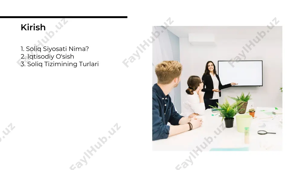 alar ishlab chiqilishi zarur. muammolar va qiyinchiliklar xalqaro tajribalar soliq siyosati va iqtisodiy o'sish o'rtasidagi bog'lanishni ko'rsatadi. boshqa mamlakatlarning tajribalari o'rganilishi zarur. xalqaro tajribalar kelajakda samarali soliq siyosati uchun yangi strategiyalar ishlab chiqilishi lozim. bu iqtisodiy o'sishni yanada tezlashtiradi va rivojlanishni ta'minlaydi. kelajak strategiyalari ushbu taqdimotda soliq siyosati va uning iqtisodiy o'sishga ta'siri ko'rib chiqildi. rivojlanish strategiyalari iqtisodiy barqarorlikni ta'minlashda muhimdir. xulosa