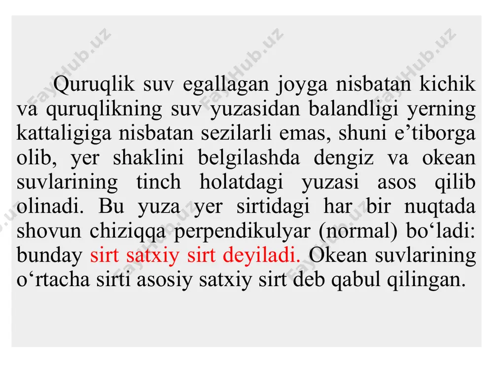 i jihatidan geoidga yuqoridagi shartlar asosida eng yaqin keladigan va yerning tanasiga yaxshi joylashadigan bo‘lsin. bunday yer ellipsoidiga referens-ellipsoid deyiladi. ellipsoid o‘lchamlari ko‘p olimlar tomonidan aniqlangan bo‘lib, 1946 yildan mdh da hamma geodezik ishlar uchun katta yarim o‘qi a = 6378245 m, kichik yarim o‘qi b = 6356863 m qutbiy siqilishi =1:298,3 f.krassovskiy ellipsoidi qabul qilingan. ko‘pincha amaliy masalalarni hal qilishda yer shakli radiusi r=6371,1 km bo‘lgan shar deb olinadi. turli olimlar tomonidan aniqlangan ellipsoid олимлар номи мамлакат номи йил а b α м да деламбр франция 1800 6375653 6356564 1:334,0 бессель германия 1841 6377397 6356079 1:299,2 кларк англия 1880 6378249 6356515 1:293,5 жданов россия 1893 6377717 6356433 1:299,6 хейфорд ақш 1909 6378388 6356912 1:297,0 красовский мдх 1940 6378245 6356863 1:298,3 ix asrda arabistonda madaniyat ancha taraqqiy etib, bag‘dodda „hikmat uyi“ nomli ilmiy markaz tuzildi. unda o‘rta osiyolik „yer surati“ nomli asar muallifi algebra fanining asoschisi al-xorazmiy xamda al-farg‘oniy, al-marvoziy, …