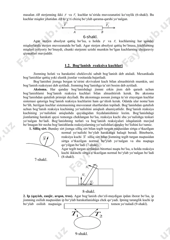 qo‘shish qonuniyatiga asoslanadi (4-shakl). va kuchlarning teng ta’sir etuvchisini r bilan belgilab, 3-aksiomaga asosan quyidagini yozishimiz mumkin: . 4-aksioma. ikki jismning bir-biriga ko‘rsatgan ta’sir kuchlari o‘zaro teng va bir to‘g‘ri chiziq bo‘ylab qarama-qarshi tomonga yo‘nalgan. bu aksioma ta’sir aks ta’sir tenglik aksiomasi deyiladi. aksioma tabiatda bir tomonlama ta’sir mavjud emasligini ko‘rsatadi. birinchi jism ikkinchi jismga qanday kuch bilan ta’sir etsa (ta’sir), ikkinchi jism birinchi jismga shunday kuch bilan ta’sir etadi (aks ta’sir). ta’sir va aks ta’sir kuchlarini ikkita jismga alohida-alohida qo‘yilganligini osonlik bilan ko‘rish mumkin. shuning uchun bu ikki kuchni muvozanatlashgan kuchlar sistemasi deb qarab bo‘lmaydi. masalan: agar a jism b jismga kuch bilan ta’sir qilsa, u holda bir vaqtning o‘zida b jism ham a jismga shunday kuch bilan ta’sir qiladi: (5-shakl). 5-aksioma. berilgan kuchlar ta’sirida deformatsiyalangan jism muvozanat holatida absolyut qattiq jismga aylansa, uning muvozanati o‘zgarmaydi. bu aksiomaga qotish prinsipi deyiladi. aksiomadan ko‘rinadiki, absolyut qattiq jismning muvozanat sharti zaruriydir, …