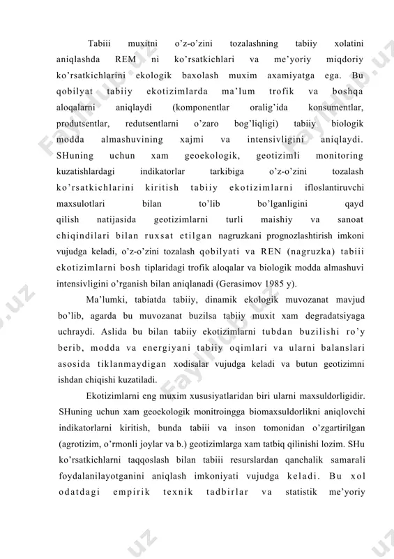 o’rsatkichlardan ilmiy jixatdan asoslangan va fodalanishni foydali prognozli koeffitsentiga o’tishga imkon tug’iladi. yuqoridagilardan ma’lum bo’ldiki bio va geoekologik monitoringni o’tkazish usullari bir-biridan farq qiladi. bioekologik monitoring atrof-muxitni bir necha parametrlari (indikatorlari) bo’yicha geofizik, biokimyoviy va biologik soxalarda muntazam nazorat xamda kuzatishga asoslanadi. bunda maxalliy xarakterdagi nazorat punktlarida bioekolgik axamiyatga ega bo’lgan (rem bo’yicha) kuzatishlarni amalga oshiradi. geotizimli monitoring geofizik, geo- va biokimyoviy xamda biologik usullarda nafaqat kontrol punktlaridagina ish olib bormasdan shuningdek aloxida maxsus (testli) maydonlarda xam nazorat xam kuzatish ishlarini o’tkazadi. bu xol xududiy xarakterga ega. test maydonlarini tabiiy test poligonlar deb atash mumkin. ayni shu poligonlarda geotizimli testlar (indikatorlar) rem, biologik maxsuldorlik o’z-o’zini tozalash, prognozli foydalanish koeffitsentini atrof muxit bo’yicha barcha monitoring uchun ishlab chiqilishi lozim. bunday poligonlar unchalik katta bo’lishi shart emas, lekin tabiat yetarli darajada atrof muxit uchun xos (reprezentativ) yoki barcha xususiyatlarni qamrab olgan bo’lishi lozim. bir tabiat zonasiga yoki yirikroq tabiat-xo’jalik xududiga bitta poligon …