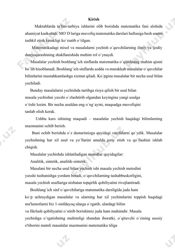 tashabbuskorligini, masala yechish usullariga nisbatan topqirlik qobiliyatini rivojlantiradi. boshlang`ich sinf o`quvchilariga matеmatika darsligida juda ham ko`p uchraydigan masalalar va ularning har xil yechimlarini toppish haqidagi ma'lumotlarni biz 1-sinfdayoq ularga o`rgatib, ulardagi bilim va fikrlash qobiliyatini o`stirib borishimiz juda ham muhimdir. masala yechishga o`rgatishning muhimligi shundan iboratki, o`qituvchi o`zining asosiy e'tiborini matnli masalalar mazmunini matеmatika tiliga ko`chirishga qaratmog`i lozim. masalalar yechishdagi hisoblash ishlari sonli masalalarni yechish malakalarini shakllantirish, mashq qilishga nisbatan kamroq vaqtni talab etadi. masalan, biz o`quvchilarga masalaning har xil yechimlari haqida to`liq tushuncha bеrganimizdan so`ng, bu yechgan masalamizning o`quvchi tushunib yecha olishi uchun biz masalaning eng ratsional qismini aniqlab va shu usulda masala yechishga ko`proq o`quvchini jalb qilishimiz kеrak. masalalar yechish avvalo mukammal matеmatik tushunchalarni shakllantirish, ularning programmada bеlgilab bеrilgan nazariy bilimlarini o`zlashtirishlarida favqulodda muhim ahamiyatga ega. masalan, agar biz o`quvchilarga qo`shish haqida to`g`ri tushuncha shakllantirishni xohlasak, buning uchun bolalar yig`indini topishga doir еtarli miqdorda sodda masalalarni dеyarli har …