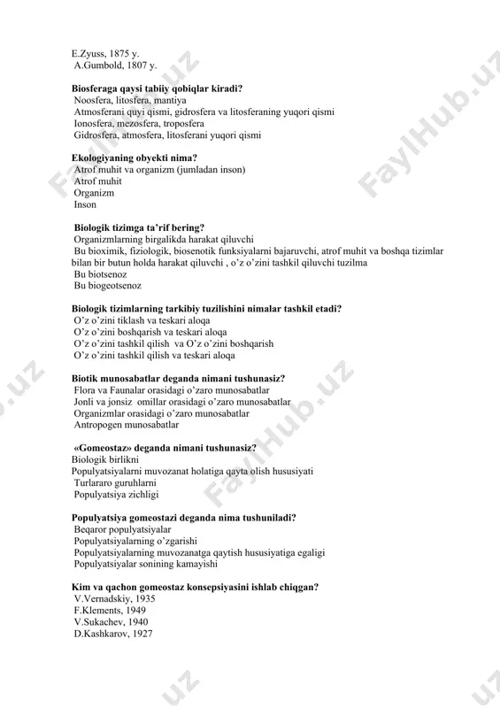 alarning o’zgarishi populyatsiyalarning muvozanatga qaytish hususiyatiga egaligi populyatsiyalar sonining kamayishi kim va qachon gomeostaz konsepsiyasini ishlab chiqgan? v.vernadskiy, 1935 f.klements, 1949 v.sukachev, 1940 d.kashkarov, 1927 jamoa deganda nimani tushunasiz? har qanday o’simlik, hayvonot va mikroorganizmlarning birgalikda yashashlari jonli organizmlar guruhi alohida populyatsiya mikroorganizmlarpopulyatsiyasi «biotsenoz» atamasi qachon va kim tomonidan fanga kiritilgan? 1905 y, uait 1947 y, odum 1877 y, myobius 1923 y, sukachev biotsenozga ta’rif bering? o’simliklar jamoasi atrof muhitda yashovchi xar xil turdagi organizmlarning majmuasi hayvonlar jamoasi mikroorganizmlar jamoasi ekotizimning asosiy alomati nimada? o’lchamsizligi metr o’zaro aloqa yig’indi ekotizimlarda modda va energiya almashinuvi qanday ro’y beradi? teskari ichki tashqi ichki va tashqi qanday ekotizimlar mavjud? tabiiy tabiiy va sun’iy (inson tomonidan ) sun’iy kosmik «ekotizim» tushunchasini ifodalab bering? tabiiy muhit inson faoliyati qobig’i barcha organizmlar va muhitning umumiyligi biotsenozlar «ekotizim» atamasi qachon va kim tomonidan kiritilgan? v.sukachev, 1940 y. yu.izrael, 1984 y. c) yu.odum, 1986 y. d) a.tensli, 1935 …