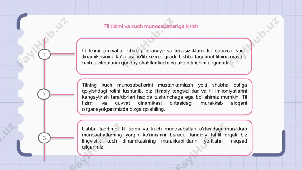 lik ko'rsatadilar. quvvat dinamikasi lingvistik tanlovlarda, masalan, lug'at, ohang va nutqda yaqqol namoyon bo'ladi. til nafaqat aloqa vositasi, balki kuchning namoyonidir. tilni kuch dinamikasini ifodalash vositasi sifatida tushunib, biz ijtimoiy tuzilmalar va munosabatlarni tanqidiy tahlil qilishimiz mumkin. kuch munosabatlarining til evolyutsiyasiga ta’siri til tizimi kuch dinamikasining ko'zgusi bo'lib, odamlarning jamiyatda o'zini qanday ifoda etishini shakllantiradi. quvvat munosabatlari lug'at tanlash, sintaksis va nutq shakllariga ta'sir qiladi. til evolyutsiyasiga jamiyat ierarxiyasi va hukmron mafkuralarni aks ettiruvchi kuch dinamikasi chuqur ta'sir ko'rsatadi. til orqali hokimiyatning tarqalishi madaniy me'yorlarni shakllantiradi va mavjud kuch tuzilmalarini mustahkamlaydi. kuch munosabatlarining til evolyutsiyasiga ta'sirini tushunish ijtimoiy o'zgarishlarni tahlil qilish va tengsizliklarni bartaraf etishda juda muhimdir. til jamiyatdagi kuch dinamikasini davom ettirish yoki shubha ostiga qo'yish uchun vosita bo'lib xizmat qiladi. quvvat tuzilmalari kontekstida til tizimini tahlil qilish til tizimi hokimiyat tuzilmalarini lug'at tanlash va hukmron mafkuralarni mustahkamlovchi grammatik qoidalar orqali aks ettiradi. til tizimini tahlil qilish kuch dinamikasi …