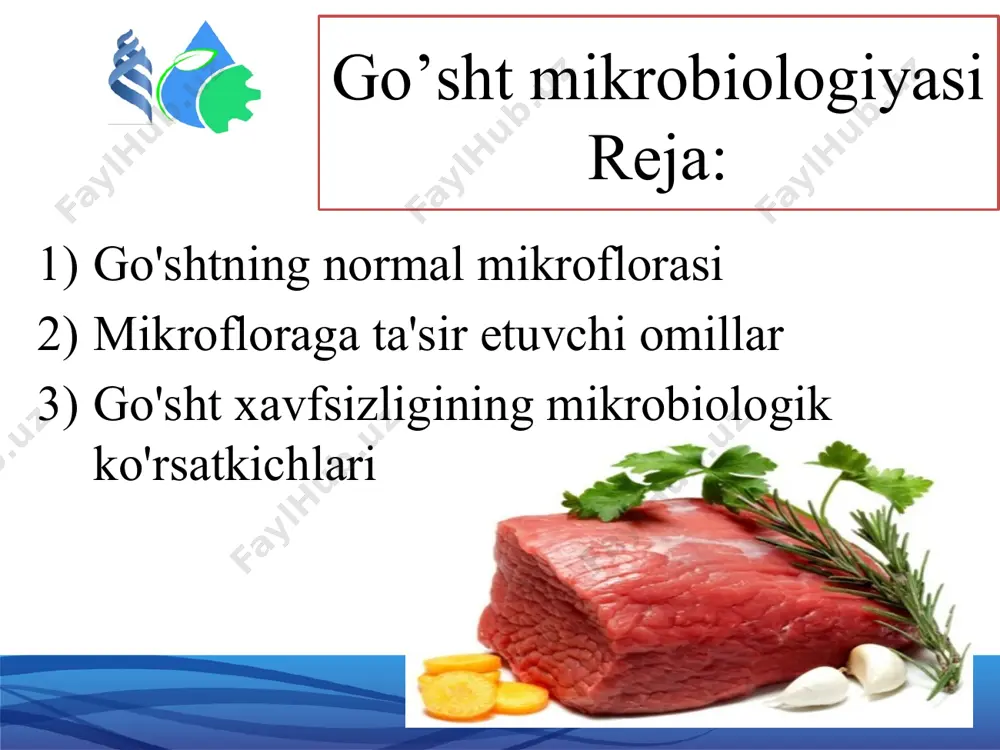 2 tana go'shti, yarim tana go'shti, chorak va bolalar ovqatlari uchun kesilgan yangi mezofil aerob va fakultativ anaerob mikroorganizmlar soni , cfu*/g, ortiq emas koliform bakteriyalar ( koliformlar ) 1 g 10 --- 11 12 go'sht mikrobiologiyasi, oziq-ovqat mahsuloti sifatida 2016 mikrobilogik standartlar bug'da pishirilgan, sovutilgan va muzlatilgan go'sht mahsulot nomi ko'rsatkichlar qabul qilinadigan darajalar, ortiq emas eslatma sovutilgan go'sht sovutilgan tana go'shti, yarim tana go'shti, chorak, kesiklarda mezofil aerob va fakultativ anaerob mikroorganizmlar soni , cfu*/g, ortiq emas escherichia coli guruhining bakteriyalari ( koliformlar ) 0,1 g proteus jinsining bakteriyalari 0,1 g yaroqlilik muddati 7 kundan ortiq bo'lgan mahsulotlar uchun tana go'shti, yarim tana go'shti, chorak va bolalar ovqatlari uchun kesmalarda sovutiladi mezofil aerob va fakultativ anaerob mikroorganizmlar soni , cfu*/g, ortiq emas escherichia coli guruhining bakteriyalari ( koliformlar ) 0,01 g 13 mikrobilogik standartlar bug'da pishirilgan, sovutilgan va muzlatilgan go'sht mahsulot nomi ko'rsatkichlar qabul qilinadigan darajalar, ortiq emas …