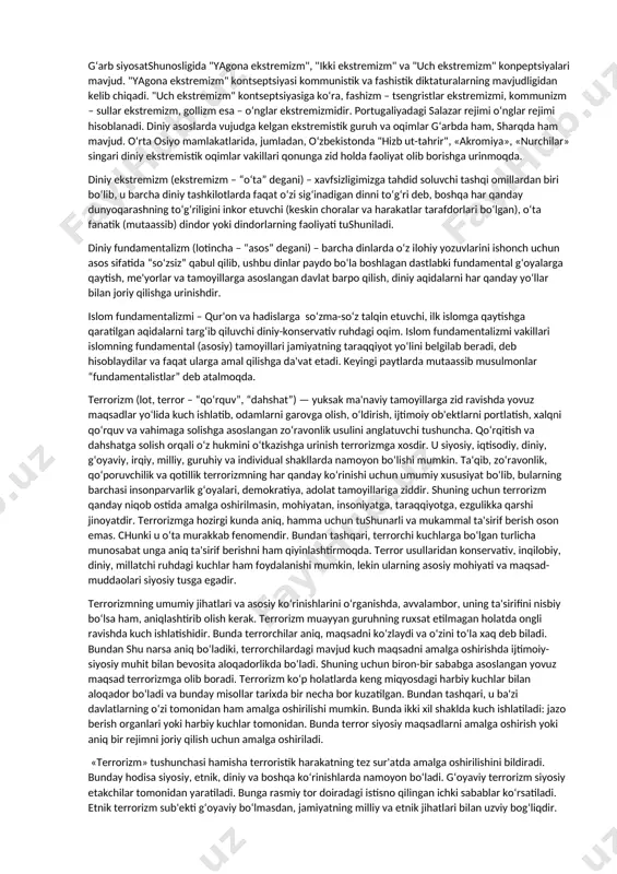 isoblanadi. ekstremizm aholining siyosiy va ijtimoiy kayfiyatidan mavjud ijtimoiy tuzilmalarni vayron qilish maqsadida foydalanadi. ekstremistik tashkilotlar konstitutsiya va boshqa qonuniy hujjatlarga zid tarzda faoliyat yuritadi. shu ma'noda, ekstremizm — huquqiy nigilizmning bir ko‘rinishi hisoblanadi. xx asrning 80-90 - yillarida siyosiy ekstremizmning namoyon bo‘lish ko‘lami kengaydi. bu davrda odamlarni garovga olish, siyosiy qotilliklar, siyosiy partiyalar a'zolariga qurolli hujumlar uyushtirish, anarxistik, shovinistik va neofashist guruhlarning faollashuvi kuzatildi. ekstremizm siyosiy, psixologik, maishiy va boshqa ko‘rinishlarda bo‘lishi mumkin. siyosiy ekstremizmning ashaddiy ko‘rinishi — terrorizmdir. ekstremistlar odamlarga qiyinchiliklarni tezda bartaraf qilish, tartibni kafolatlash, ijtimoiy ta'minotni yaxshilash singari va'dalar beradi. siyosiy ekstremizm "so‘l" va "o‘ng" ko‘rinishlarga ega. so‘l ekstremistlar marksizm, leninizm, sul radikalizm, anarxizm va shu kabilar, mafkuralar bayrog‘i ostida harakat qiladi. so‘l ekstremizmga misol tariqasida italiyadagi "qizil brigadalar", kampuchiyadagi polpotchilar, rossiya federatsiyasidagi e. limonov boshchilik qilayotgan natsional bolsheviklar, singari oqimlarni keltirish mumkin. o‘ng ekstremistlar aksilkommunizm, avtoritarizm, millatchilik va shovinizm ruhida harakat qiladi. o‘ng ekstremistlar qator …
