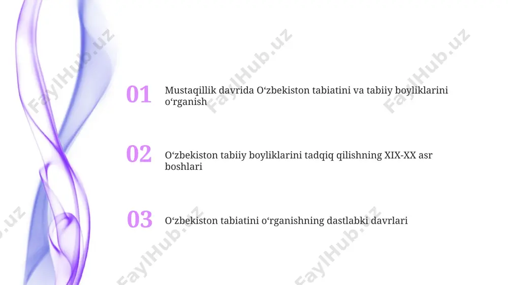 monidan amalga oshirildi. oʻzbekistonning iqlim xususiyatlari va ularning oʻrganilishi oʻzbekistonning choʻl va dasht zonalarining keng tarqalganligi (taxminan 80%) iqlimni oʻrganishda asosiy e’tiborni namlik balansining oʻziga xos xususiyatlarini aniqlashga qaratgan. xx asrning 60-yillaridan boshlab, oʻzbekistonda amalga oshirilgan kompleks agro-iqlim tadqiqotlari paxtachilik va boshqa qishloq xoʻjalik ekinlarining hosildorligini oshirishga qaratilgan. kelajakdagi tadqiqotlar va istiqbollar suv resurslarini boshqarish va samarali foydalanish boʻyicha innovatsion texnologiyalarni joriy etish, shu jumladan, 2030 yilgacha suv isteʼmolini 15% ga kamaytirishga qaratilgan loyihalarni qoʻllab-quvvatlash muhim ahamiyat kasb etadi. oʻzbekistonning noyob geologik tuzilmalarini, xususan, 100 dan ortiq turdagi foydali qazilmalarni batafsil oʻrganish boʻyicha keng koʻlamli geofizik tadqiqotlar olib borish istiqboli mavjud. zamonaviy davrda oʻzbekiston tabiiy resurslarini boshqarish va muhofaza qilish oʻzbekistonning 2030-yilgacha boʻlgan davlat dasturida tabiiy resurslarni samarali boshqarish va ekologik xavfsizlikni ta’minlash boʻyicha aniq koʻrsatkichlar va choralar belgilab qoʻyilgan. suv resurslarini boshqarishda zamonaviy texnologiyalar, jumladan, geografik axborot tizimlari (gis) va masofadan turib zondlash (rs) texnologiyalari keng qoʻllanilmoqda, bu esa …