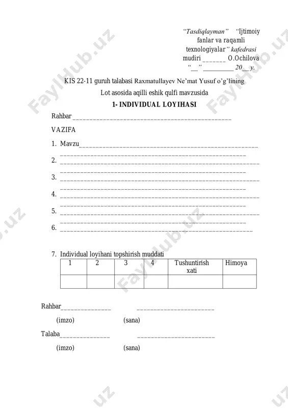 ___________________________ _______________________________________________________ 2. ishning bo`limlariga tavsif ___________________________________ _________________________________________________________ 3. ishning ijobiy tomonlari _____________________________________ _______________________________________________________ 4. ishning salbiy tomonlari _____________________________________ _______________________________________________________ xulosalar ________________________________________________ _______________________________________________________ taqrizchi ________________________________________________ _______________________________________________________ (imzo, familiyasi, ismi, sharifi) “___” ______________ 20__ yil mavzu: lot asosida aqilli eshik qulfi munadarija kirish………………………………………………………………………..………. 3 i bob. loyiha tanishtiruvi va nazariy asoslar 1.1.§ loyiha mavzusi va dolzarbligi ….………………………………..……….…..…..5 1.2.§ loyiha maqsadi va vazifalari...................................................................................8 1.3.§ kriptografiya va xavfsizlikdagi asosiy tushunchalar..............................................12 ii bob. loyiha dasturiy ta’minoti va amalga oshirish 2.1. § kerakli dasturlar va vositalar …………………………….…….……………..…15 2.2.§ loyiha tuzilishi va dastur kodi yozilishi …………………………………...….....20 2.3.§ tizimni sinovdan o‘tkazish va optimallashtirish …………..……………….…....23 iii bob. natijalar, tahlil va xulosa 3.1.§ loyiha natijalari va samarasi ……………………..……………………..…….....28 3.2.§ loyihaning ijobiy va salbiy tomonlari …………………………………………...30 3.3.§ kelajakdagi takliflar va rivojlantirish imkoniyatlari ………………….………....31 xulosa ………………………………………………………………….…………...33 foydalanilgan adabiyotlar……………………………………………...34 3 kirish hozirgi kunda xavfsizlik masalalari insonlar hayotida muhim o‘rin tutmoqda. maxsus joylarni, uylarni yoki ofislarni himoya qilish uchun turli xil qulf va …