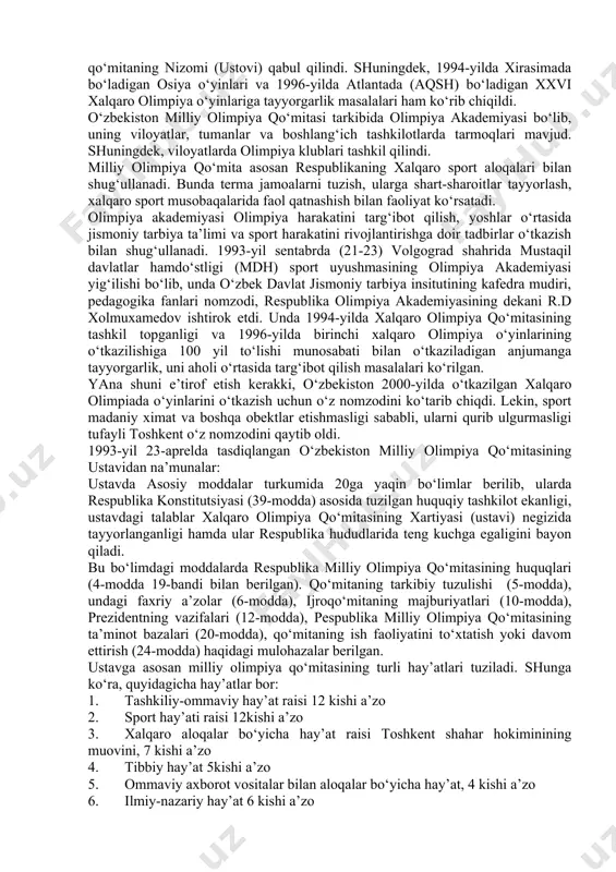 tashkilotlari bor. barcha davlat, jamoat va sport tashkilotlari bilan hamkorlikda ish olib boradi. respublika kasaba uyushmalari federatsiyalari qoshida sayohat kengashi va uning viloyatlar hamda yirik shaharlardagi tarmoqlari uzoq yillar davomida kata faoliyat ko‘rsatdi. ular asosan mehnatkashlar, ziyolilar va o‘quvchi yoshlarni9ng sayohat qilishi, dam olish maskanlarda hordiq chiqarish, o‘lkani o‘rganish, chamalash, piyoda yurish, sayohat sportlari bo‘yicha ommaviy tadbirlarni o‘tkazib keldi. bu tashkilot 1993-yildan boshlab o‘zbek turizm kompaniyasi nomi bilan faoliyat ko‘rsatmoqda. o‘zbekiston respublikasi milliy olimpiya qo‘mitasi xalqaro sport harakatining barcha mamlakatlarida sport turlarini keng yoyish, sportchilarning mahoratini oshirish, xalqlar o‘rtasida do‘stlikni mustahkamlashga asos solmoqda. shu tufayli 1992-yil 21-yanvarda o‘zbekiston respublikasi sport faollarining anjumanida milliy olimpiya qo‘mitasi ta’sis etildi. unda prezident, prezident muovinlari, bosh kotib, ijroqo‘mita hay’ati va a’zolarini sayladilar. 1992-yil; 9-martda respublika milliy olimpiya qo‘mitasi xalqaro olimpiya qo‘itasi tomonidan rasman tan olindi va a’zo qilib qabul qilindi. 1993-yil 26-aprelda milliy olimpiya qo‘mitasining assambleyasi bo‘ldi. unda qo‘mitaning nizomi (ustovi) qabul qilindi. shuningdek, …