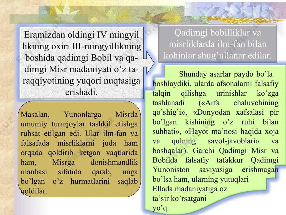 r. vedalar - samxitlar – to’rt xilda mavjuddirlar. rigvada (xudolarga madhiya), samaveda (kuylar, ashulalar, hamdu sano), yadjurveda (qurbonlik qilish paytida aytiladigan ifodalar va hikmatli so’zlar) va atxarveda (afsunlar). vedalar adabiyotining ikkinchi qatlam braxmanlar bo’lib, ularda dunyoning kelib chiqishi va paydo bo’lishi, birinchi javhar sifatidagi suv haqidagi qoidalar to’g’risidagi fikrilar va boshqalar uchraydi. vedalar adabiyotining uchinchi qatlami aranyaklar, yoki «o’rmonlar kitobi» bo’lib, o’rmonlarda yashovchi tarki dunyo qilgan kishilar uchun mo’ljallangan. uy sohibi holatidan tarki dunyochilikka o’tish «faoliyat yo’li»dan «bilimlar yo’li»ga o’tish sifatida qabul qilindi. to’rtinchi qatlam – upanishadlar vedalar adabiyotini yakunlaydi. upanishadlarning eng muhim qismi hayot charxi (sansara) haqidagi qoida va qilmishiga yarasha mukofot qonuni (karma)dir. inson hayoti cheksiz qayta tug’ilish zanjirida muayyan shakl sifatida qabul qilinadi. xitoy falsafasining manbalari - bilim darajasining mumtoz kitoblarida yoritilgan. ashulalar kitobi (er. oldingi xi-vi asrlar) xalq she’riyatining to’plamidir; tarix kitobi (er.ol. 1-mingyillikning boshlari) – rasmiy hujjatlar to’plami bo’lib, tarixiy voqealar bayonidir; tartib kitobi (er.ol. …