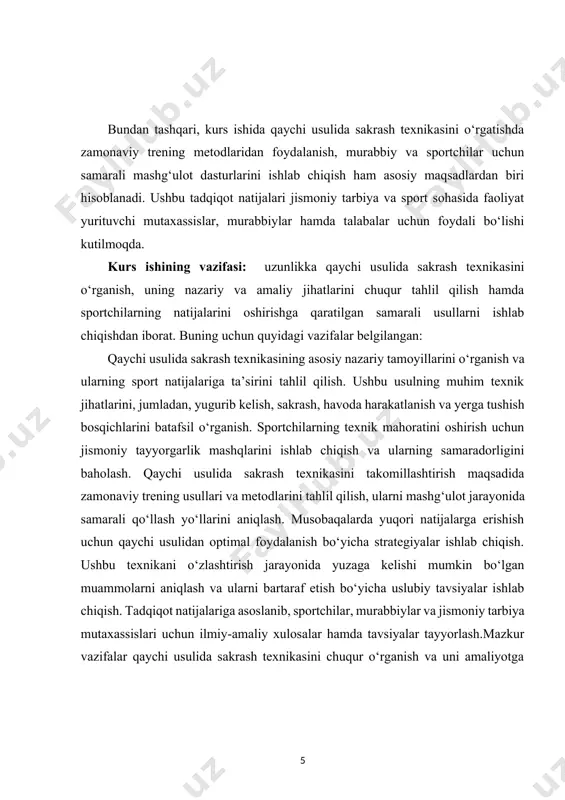 ugurib kelish tezligi va sakrash kuchini havoda maksimal darajada ushlab turishiga asoslanadi. ushbu usulning o‘ziga xos jihati shundaki, sportchi havoda bo‘lgan vaqtida oyoqlarini qaychi harakati bilan harakatlantirib, muvozanatini saqlashga va erga tushish momentini optimal ravishda tashkil qilishga harakat qiladi. bu esa sakrash masofasini uzaytirish va sportchining natijasini yaxshilashga yordam beradi. qaychi usuli sportchilarning texnik tayyorgarligi, jismoniy kuchi va koordinatsiyasiga bog‘liq bo‘lib, uning samaradorligi uchun quyidagi omillar muhim hisoblanadi: sportchi maksimal tezlikka erishishi va sakrash nuqtasiga optimal pozitsiyada yetib kelishi kerak. yugurish davomida sportchi oyoqlarining tezligini saqlashi va sakrash nuqtasida aniq bosqichga yetib kelishi lozim.sakrash jarayonida sportchi tanasining markaziy og‘irlik nuqtasini yuqoriga yo‘naltiradi va harakat davomida barqarorlikni saqlashga harakat qiladi. bu bosqichda tayanish oyoq mushaklarining kuchi muhim rol o‘ynaydi.qaychi usulida sportchi havoda bo‘lganida oyoqlarini bir-birining oldidan olib o‘tib, ularni qaychi shaklida harakatlantiradi. bu esa sportchining havoda uzoqroq qolishiga va optimal holatda yerga tushishiga yordam beradi.sakrash natijasini aniqlovchi eng muhim bosqichlardan biri. …