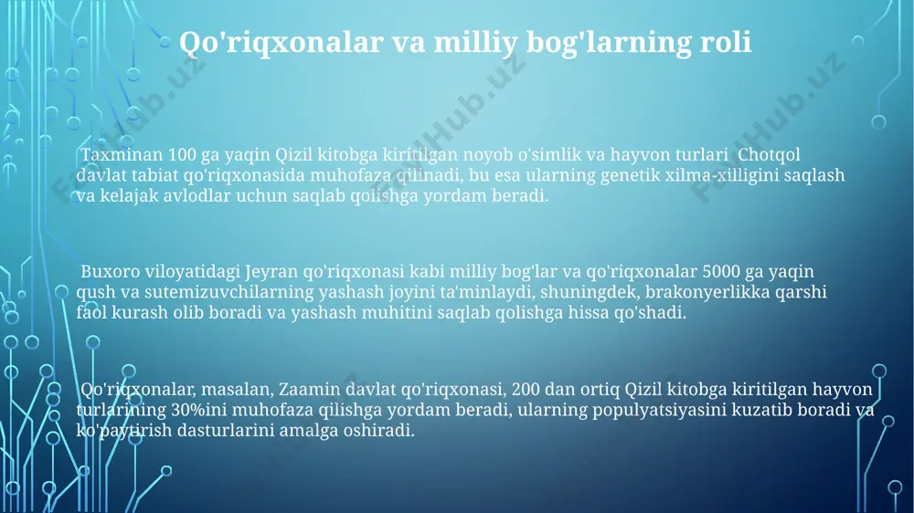hududlarida 300 ga yaqin yosh hayvonlar qo'yib yuborildi, ularning kuzatuvi va muhofazasi amalga oshirilmoqda. qizil kitobga kiritilgan 150 dan ortiq qush turi, jumladan, laylaklar va burgutlarning 5 turi buxoro viloyatining himoyalangan hududlarida maxsus qo'riqxonalarda muhofaza qilinadi. amudaryo havzasida yashovchi geparlar sonini oshirish uchun, 2023 yilda 5 ta geparni ko'paytirish va reintroduksiya qilish dasturi doirasida, qoraqalpog'iston respublikasiga 2 ta gepar olib kelindi. kelajakdagi istiqbollar va muammolar amudaryo havzasidagi suv resurslarining kamayishi tufayli, 30 dan ortiq qushlar va sutemizuvchilar turi yo'qolib ketish xavfi ostida bo'lib, ularning populyatsiyasi surxondaryo viloyatida keskin pasaygan. qizil kitobga kiritilgan 150 ga yaqin hayvon turining 2050-yilga kelib 50% ga kamayishi ehtimoli bor, bu esa o'zbekistonning tabiiy boyliklariga jiddiy tahdid soladi. qizil kitobga kiritilgan noyob hayvonlarni muhofaza qilish uchun zarur bo'lgan mablag'larning 70% yetishmasligi, ularning genofondini saqlash dasturlarini samaradorligini pasaytiradi va buxoro viloyatida ekologik muvozanat buzilishiga olib keladi. ta'lim va targ'ibot ishlari 2022-yilda o‘zbekistonning 5 ta milliy bog‘ida qizil …