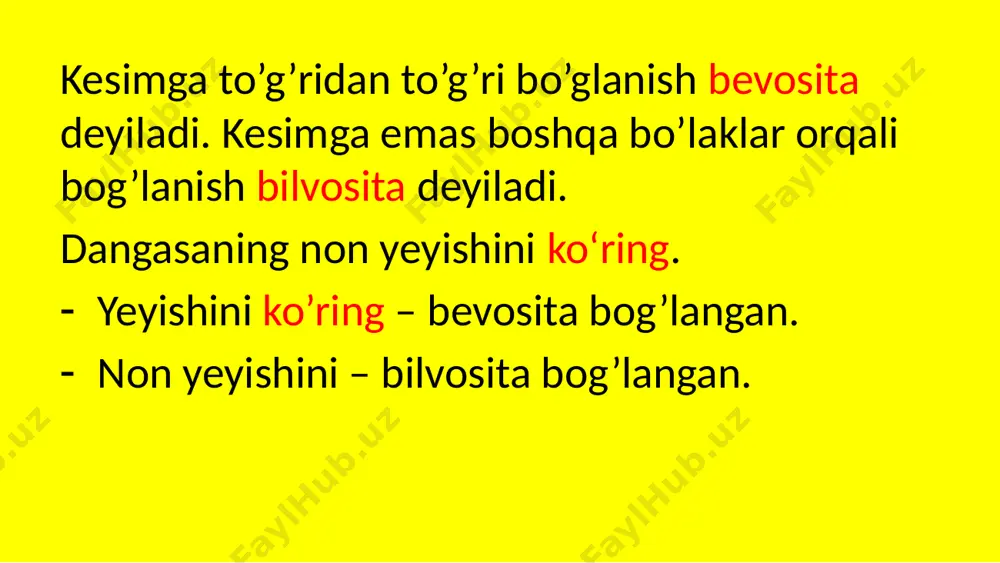 m: paxta va tilladan yurt bezanadi. (sodda kesim) ayozli kunlar asta-sekin o’tib borayotir. (murakkab kesim) murakkab ot kesimlar quyidagi formula yordamida hosil bo’ladi. ot (sifat, son, olmosh, ravish, taqlid, bog’lama vazifasida kelgan modal so’zlar, harakat nomi) + yordamchi fe’l yoki ko’makchi fe’l bunda asosiy ma’no otdan anglashiladi, ko’makchi yoki to’liqsiz fe’l qo’shimcha ma’no bildiradi va kesimning ega bilan bog’lanishini ta’minlaydi. kesim bilan egani bog’lashda xizmat qiluvchi bunday so’zlar bog’lama deyiladi. bular asl mustaqil ma’nosini to’la yoki qisman yo’qotib, yordamchi vazifaga ko’chgan so’zlardir. bularning vazifasi fe’l bo’lmagan so’zlar bilan qo’shilib, kesimni shakllantirishdir, ya’ni mayl, zamon, shaxs-son ma’nolarini ifodalashdan iboratdir. murakkab ot-kesimni shakllantirishga xizmat qiladigan bunday bog’lamalar bo’l-, qil-, edi, emish, ekan, hisoblan-, sana- kabi yordamchilardir. kerak, zarur, darkor so’zlari ham bog’lama vazifasida qo’llanadi. m: o’sha kuni sovuq qattiq edi. (sifat + to’liqsiz fe’l = murakkab ot-kesim) bu katta ahmiyatga ega hodisa hisoblanadi. (ot+yordamchi so’z=murakkab ot-kesim) men kutib olishim kerak. (harakat nomi …