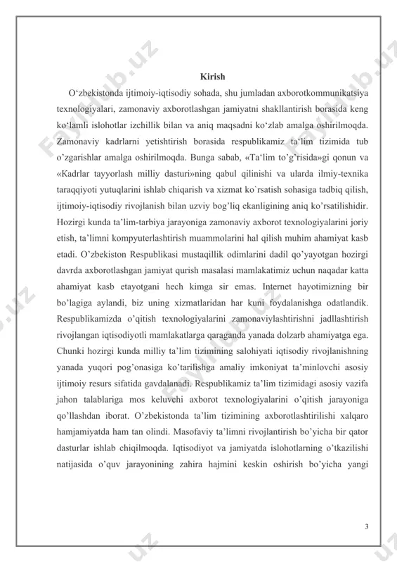 g dolzarbligi shundan iboratki, python bu umumiy maqsadli dasturlash uchun keng tarzda foydalaniladigan yuqori darajali dasturlash tili, chunki o'rganish oson va qulay sintaksisga ega. undan tashqari skriptli dasturlash tillariga kiradi. python dinamik tipizatsiyaga ega, obyektga yo'naltirilgan dasturlash, funksional dasturlash, strukturali, avtomatik xotirani boshqarish va albatta ko'p patokli dasturlash tillaridan biri. python har xil platformalar uchun yozilgan masalan windows, linux, mac osx, palm os, mac os va hokazo. python microsoft.net platformasi uchun yozilgan realizatsiyasi ham bor uni nomi ironpython. bugungi kunda dunyoga mashhur ko`plab kompaniyalar nasa, google, yandex, cern, apple computer, dream works, kosmik teleskop institutlari pythonni ishlatishadi. dunyoning rivojlangan mamlakatlari aqsh (koliforniya universiteti, florida universiteti, lova universiteti, massachustva texnologiya universiteti), kanada (toronto universiteti, alberto universiteti), buyuk britaniya (oksford universiteti), 5 fransiya, rossiya, avstraliya, ispaniyaning universitet va kollejlarida o`qitishda python dasturlash tili qo`llaniladi. 1.nazariy qism 1.1. python dastur tili va undan foydalanish python dasturlash tilini yaratilishi 1980-yil oxiri 1990-yil boshlaridan boshlangan. …