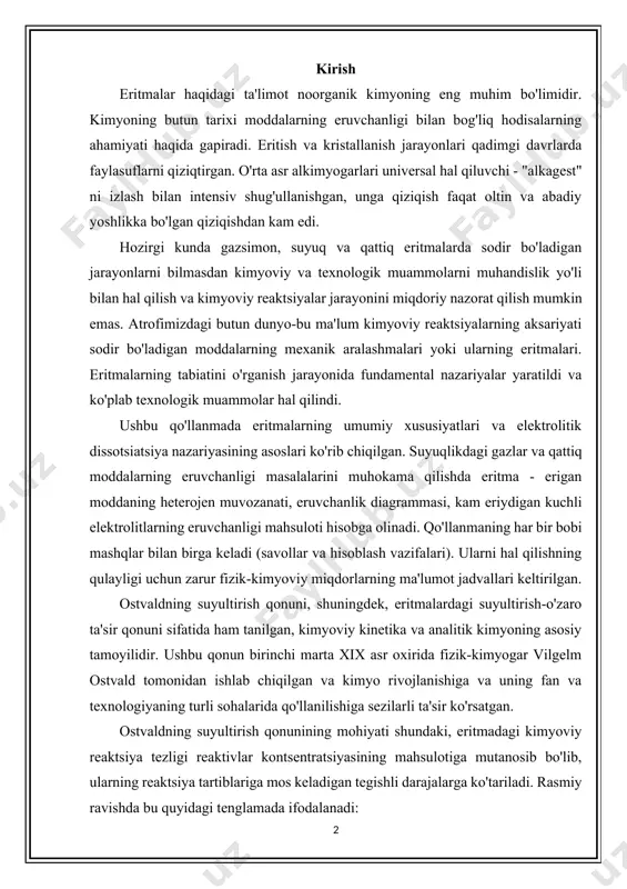 i hal qilishning qulayligi uchun zarur fizik-kimyoviy miqdorlarning ma'lumot jadvallari keltirilgan. ostvaldning suyultirish qonuni, shuningdek, eritmalardagi suyultirish-o'zaro ta'sir qonuni sifatida ham tanilgan, kimyoviy kinetika va analitik kimyoning asosiy tamoyilidir. ushbu qonun birinchi marta xix asr oxirida fizik-kimyogar vilgelm ostvald tomonidan ishlab chiqilgan va kimyo rivojlanishiga va uning fan va texnologiyaning turli sohalarida qo'llanilishiga sezilarli ta'sir ko'rsatgan. ostvaldning suyultirish qonunining mohiyati shundaki, eritmadagi kimyoviy reaktsiya tezligi reaktivlar kontsentratsiyasining mahsulotiga mutanosib bo'lib, ularning reaktsiya tartiblariga mos keladigan tegishli darajalarga ko'tariladi. rasmiy ravishda bu quyidagi tenglamada ifodalanadi: ostvaldning suyultirish qonunining muhim qo'llanilishlaridan biri bu reaktivlar kontsentratsiyasini tahlil qilishda va eritmalardagi kimyoviy reaktsiyalarni o'rganishda foydalanishdir. reaktivlarning turli konsentratsiyalarida reaksiya tezligini o'lchash orqali reaksiya tartiblari va tezlik konstantalarini aniqlash mumkin, bu esa kimyoviy jarayonlarning mexanizmlarini chuqurroq tushunishga imkon beradi. bundan tashqari, ostvaldning suyultirish qonuni kimyoviy reagentlar ishlab chiqarish, farmatsevtika sanoati, oziq-ovqat ishlab chiqarish va boshqa ko'plab sohalarda keng qo'llaniladi. eritmalardagi kimyoviy jarayonlarning kinetikasini tushunish ishlab …