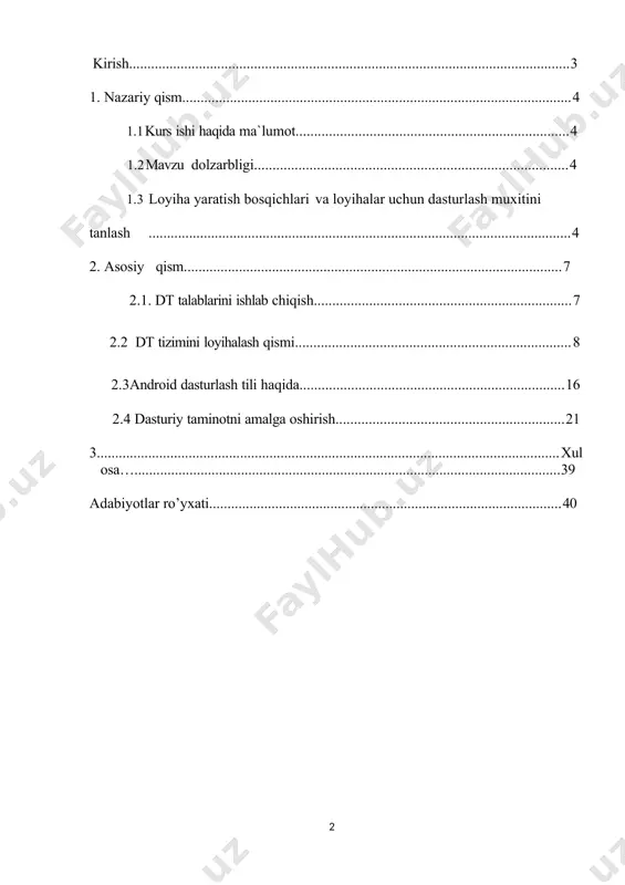 shiddatli ravishda o’zgarmoqda. bu borada qilinayotgan ishlar bir-birini takrorlamaydi natija esa xar-xil. ma’lumotlar shunchalik ko’pki buni bir tizimga keltirib olish lozim. elektron ma’lumotlar bazasini yaratish, uning ustida ishlash, ular ustida amallar bajarish murakkablashib bormoqda. yurtimizda bu borada rivojlanish tendensiyasi anchayin kuzga tashlanib bormoqda. masalan www.gov.uz elektran davlat xizmatlari kursatish sayti yaratildi, bundagi ma’lumotlarni bir tizimga keltirish yoki bitta ma’lumotdan bir necha foydalanuvchi bir vaqtda foydalana olishi lozim. 1. nazariy qisim. 1.1 kurs ishi haqida ma`lumot. bu loyiha asosan uy qurilish arxitekturalari haqida ma`lumot beradi. loyiha obyektlari quyidagilar: kategoriyalar, ishlab chiqaruvchilar, hudud/mamlakat, arxitektorlar,yil, material, maydon, rang. bu loyiham orqali bino inshootlari qurilishi haqida malumot berib boriladi. bunda tanlash yo`li orqali ko`plab arxitekturaga oid ko`plab proyektlarni ko`rishimiz mumkin . unda qurilgan binoning ichki tashqi qurilishi, qayerda qurilganligi, maydoni, arxitektura turi, arxitektorlar haqida ma`lumot olishingiz mumkin. yana loyihada projektlar, mahsulotlar, jildlar, yangiliklar kabi bo`limlar bo`lib ularda shu bo`limlarga taalluqli ma`lumotlar berib boriladi. 1.2 …