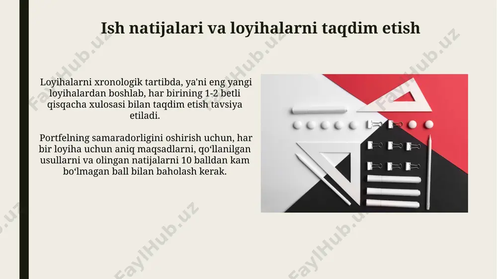 etishda 3-5 ta asosiy bo'limni ajratib, har biriga 2-3 tadan aniq misol keltirish samaralidir. bu ko'rgazmalilikni oshiradi va auditoriya tushunishini engillashtiradi. interaktiv taqdimot usullaridan, masalan, powerpoint prezentatsiyasi bilan birgalikda videolavhalar, infografikalardan foydalanish portfolioning ta'sirchanligini oshiradi va eshitish-ko'rish xotirasiga ta'sir qiladi. baholovchi mezonlari va baholash tizimi baholovchi mezonlari aniq ko'rsatkichlar (masalan, 5 ballik tizim) va talablarni o'z ichiga olib, har bir portfolio bo'limi uchun 20-30% gacha ochko berilishi mumkin. portfolio baholanishida nafaqat mazmun, balki taqdim etilishining sifati (dizayni, tuzilishi), til va uslub (10-15% ochko) ham hisobga olinishi kerak. muvaffaqiyatli portfelning xususiyatlari portfelning strukturasi mantiqiy va tushunarli bo'lishi, har bir bo'lim aniq nomlanishi va 10 dan kam bo'lmagan sahifalarni o'z ichiga olishi maqsadga muvofiq. muvaffaqiyatli portfelda o'ziga xos dizayn va vizual uslub mavjud bo'lib, uning 80% dan ortiq qismi yuqori sifatli materiallar bilan to'ldirilishi lozim. e'tiboringiz uchun rahmat @taqdimot_robot image1.jpg image2.jpg image3.jpg image4.jpg image5.jpg image6.jpg image7.jpg image8.jpg image9.jpg image10.jpg image11.jpg image12.jpg