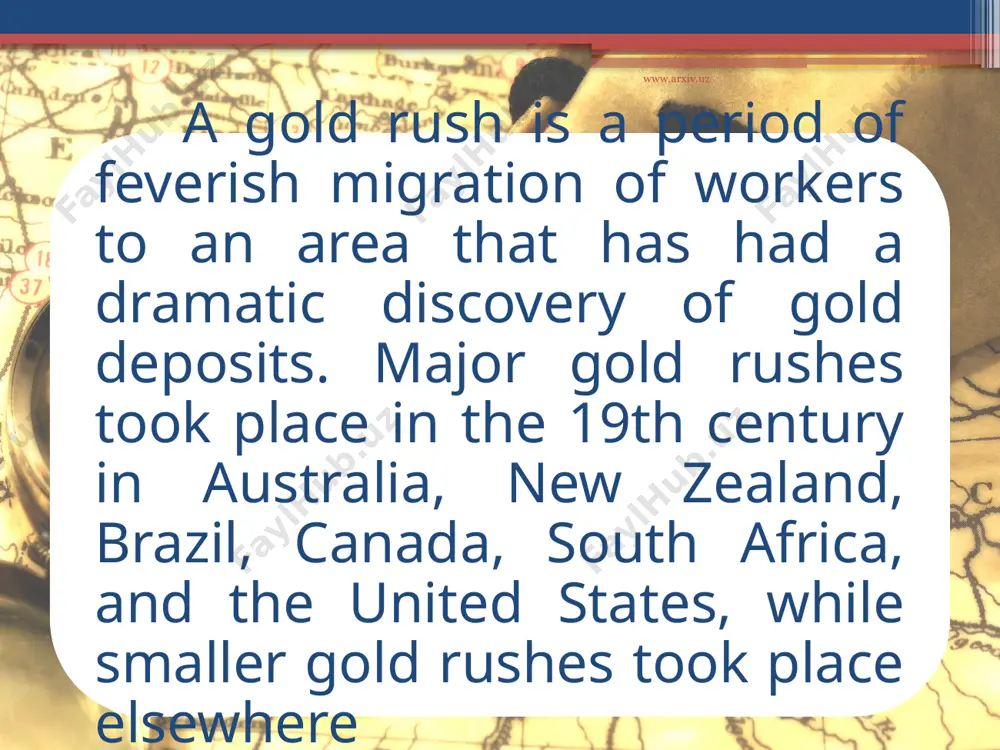 r capital expenditures, larger organizations, and more specialized knowledge. they may also progress from high-unit value to lower unit value minerals a rush typically begins with the discovery of placer gold made by an individual. at first the gold may be washed from the sand and gravel by individual miners with little training, using a gold pan or similar simple instrument once it is clear that the volume of gold-bearing sediment is larger than a few cubic metres, the placer miners will build rockers or sluice boxes, with which a small group can wash gold from the sediment many times faster than using gold pans. winning the gold in this manner requires almost no capital investment, only a simple pan or equipment that may be built on the spot, and only simple organization www.arxiv.uz gold rushes by region www.arxiv.uz australia north america klondike south africa south america mining industry today …