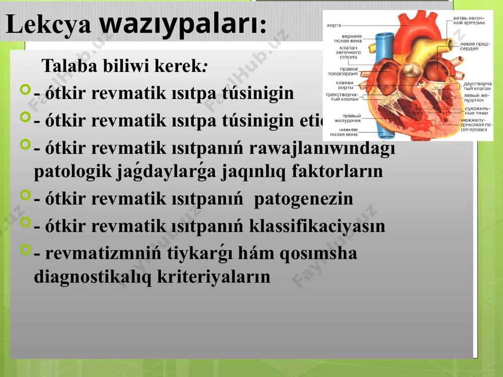 ı tolıq óz qálpine keledi. patogenez patogenez 2.bul mexanizm tiykarında streptokokk antigenleri hám júrek antigenleri menen bir birine tásiri jatadı. bunda streptokokk antigenleri kóp muǵdarda júrek toqımalarına óz tásirin kórsetedi, klapan apparatındaǵı glikoproteyinlerge, jáne bas miy subtalamik yadrolarına tásir kórsetedi. bul reakciyalar hár túrli organlarda lokal isiniwlerge xoreyaǵa alıp keledi, miokardit, endokardit hám júrek klapanların zıyanlaydı. patogenez 3.immunokompleks mexanizmi tiykarında streptokokkǵa qarsı antidánesheler immunkompleks payda etedi hám olar kapillyarlar, arteriyalar hám sinovial qabattıń bazal membranasında toplanadı hám zıyanlaydı. nátiyjede arteriyalar ótkeziwsheńligi asadı, trombocitler agregaciyasına hám mikrotromblar payda qıladı. sol sebebten órí menen awırǵan nawqaslarda vaskulit hám sinovitler gúzetiledi. bunnan tısqarı, tamırlar ótkeziwsheńligi asqannan, biriktiriwshi tóqımalardıń ekssudaciyası hám destruktiv ózgerisleri payda boladı hám bul fibrinoidlardı payda etedi. patomorfologik dáwirde bul ózgerisler «fibrinoidlı isiniw» dáwirine tuwrı keledi. patogenez 4.autoimmunlı mexanizm tiykarında adam organizmine qarsı autoantidánesheler payda bolıwı menen keshedi. olar miokard talaları menen reakciyaǵa kirisib, miokardittı keltirip shıǵaradı. a–toparı β – gemolitik …