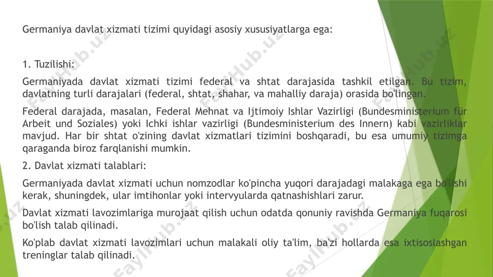 rzda egallashadi. 3. davlat xizmatiga kirishning asosiy yo'nalishlari: a. funktsional xizmatlar: ijro etuvchi xizmati (verwaltung): ijro etuvchi davlat xizmati organlariga qarashli tashkilotlar va vazirliklarda ishlash. masalan, ichki ishlar, moliya, ijtimoiy ishlar bo'limlari. sud va huquqshunoslik: davlat xizmati tizimi sud xodimlarini va huquqshunoslarni ham jalb etadi. bunga sudyalar, prokurorlar va boshqa huquqshunos lavozimlari kiradi. b. shtatlar va federal darajadagi xizmatlar: federal daraja: germaniya federal hukumatiga qarashli davlat xizmatiga kirish uchun federal davlat xizmati imtihonidan o'tish kerak bo'ladi. shtat darajasi: germaniyada har bir shtat (land) o'zining davlat xizmatiga alohida talablar qo'yadi. shu sababli, shtatlar o'rtasida ayrim farqlar mavjud. 4. martaba va karyera imkoniyatlari: martaba yuksalishi: germaniyada davlat xizmatchilari o'zlarining martaba darajalarini o'qish, tajriba va xizmat davomida yuksaltirishlari mumkin. martaba yuksalishi ko'pincha tahlil, boshqaruv va rasmiy treninglarga asoslanadi. davlat xizmati to'lovlari: davlat xizmatchilari uchun belgilangan ish haqi jadvali mavjud. to'lovlar lavozimga, tajribaga va vazifaning turiga qarab o'zgaradi. shuningdek, pensiya va ijtimoiy ta'minot tizimi …