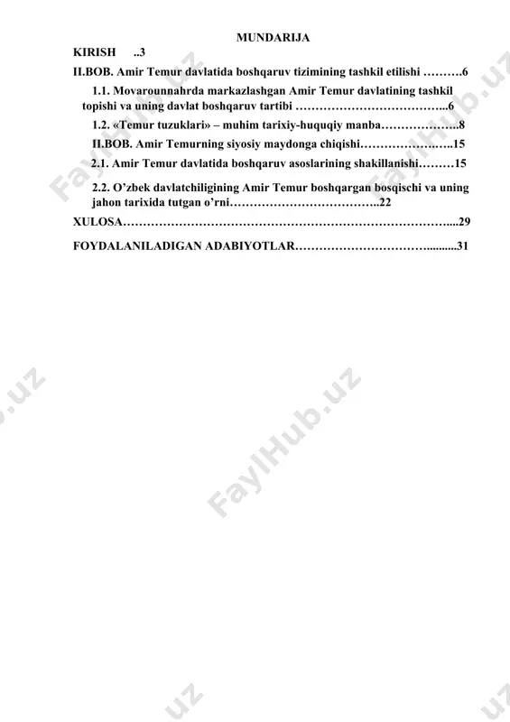 bu sifatlari o`zbekiston prezidenti i. karimovning asarlari, maqola va nutqlarida, davlatimizning amir temurga bag`ishlangan rasmiy hujjatlarida, ilmiy adabiyotlarda har tomonlama asoslab berilgan. u manbalarda birinchi marta “jahom tarixidagi buyuk siymolardan biri, markaziy osiyo xalqlarining iqtisodiy siyosiy va ma’naviy taraqqiyotiga ulkan hissa qo`shgan ulug` davlat arbobi va sarkarda fan va madaniyat homiysi” amir temur sahxsi va faoliyati yuqori davlat darajasida hurmatlandi. biroq, totalitor sovet davlatchiligi yillarida butun madaniy ma’naviy hayotda bo`lganidek, milliy qadriyatlarimiz tarixi ham sohtalashtirildi. jumladan, turkiston xalqlarining ijtimoiy-iqtisodiy, madaniy, ma’naviy hayotida muhim o`rin utgan vatandoshimiz, yirik davlat arbobi sarkarda, ulug` intellekt sohibi amir temur avlodlarga o`z javobini aytib qo`yganlar. shunday ekan, miliy qadriyatlarimiz tarixini puxta bilish ajdodlarimiz ruhipoklarini xotirlash ularning qoldirgan madaniy, manaviy meroslari to`g`risida haqiqatni aytish biz avlodlar, millat farzandlari uchun farzdir. tarixiy xotiraga ega inson – irodali insondir. chunki, tarix xalq ma’naviyatining asosidir.ulug` ma’naiyatli insondir har doim shaxsiy ehtiyojlarini cheklab o`tib, umumxaql manfaatlarini ko`zlab yirik davlat jamiyat …
