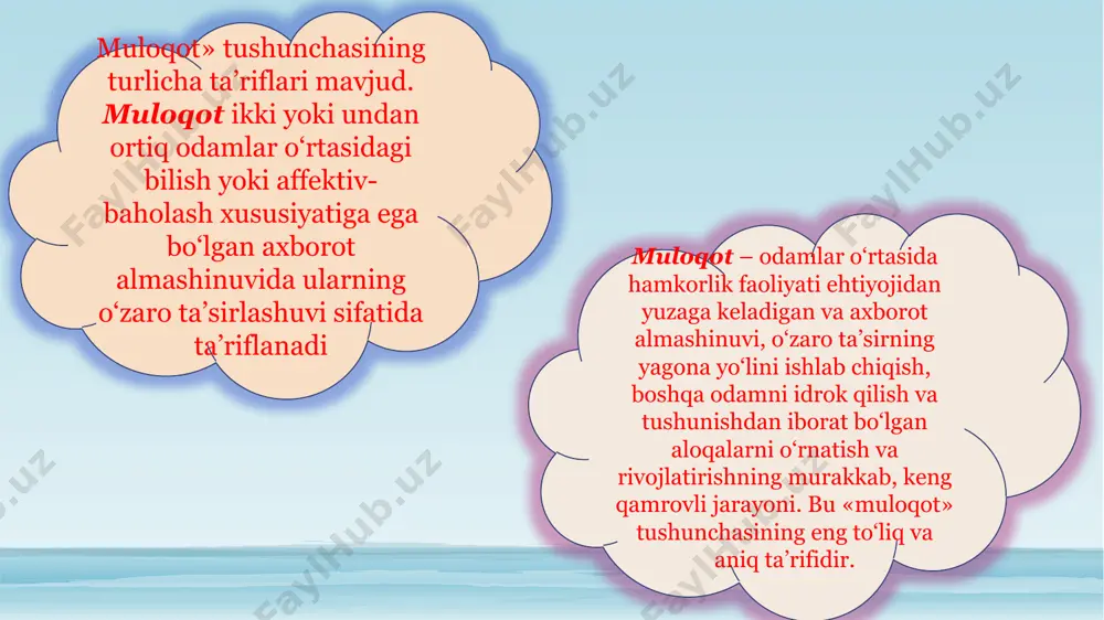 ganlardan tashqari, dunyo haqidagi bilimlarga ega bo‘lish va etkazish, ta’lim va tarbiya, odamlarning hamkorlik faoliyatlaridagi turli harakatlarning muvofiqlashuvi, shaxsiy va ish bo‘yicha o‘zaro munosabatlarning oydinlashtirilishi, o‘rnatilishi va boshqalar ham kiradi. agar hayvonlarda muloqot maqsadlari ular uchun dolzarb bo‘lgan biologik ehtiyojlarni qondirishdan iborat bo‘lsa, odamlarda ular ko‘plab turli: ijtimoiy, madaniy, bilish, ijodiy, estetik, aqliy o‘sish, ahloqiy rivojlanish kabi ehtiyojlarni qondirish vositasi bo‘lib hisoblanadi. muloqot, odatda, beshta: shaxslararo, kognitiv, kommunikativ-axborotli, emotiv va kognitiv tomonlarining birligida namoyon bo‘ladi. muloqotning shaxslararo tomoni insonning bevosita atrof-muhiti: boshqa odamlar va o‘z hayotida bog‘liq bo‘ladigan umumiyliklar bilan o‘zaro ta’sirini aks ettiradi. muloqotning kognitiv tomoni suhbatdoshning kim, qanday odam ekanligi, unlan nima kutish mumkinligi haqidagi, shuningdek, sherikning shaxsi bilan bog‘liq bo‘lgan boshqa ko‘pgina savollarga javob berish imkonini beradi. muloqotning kommunikativ-axborotli tomoni tasavvurlar, g‘oyalar, qiziqishlar, hissiyotlar, mayllar va sh.o‘.lari turlicha bo‘lgan odamlar o‘rtasidagi almashinuvdan iborat. muloqotning emotiv tomoni sheriklarning shaxsiy aloqalaridagi his-tuyg‘ular, kayfiyatning vazifa bajarishlari bilan bog‘liq. muloqotning konativ …