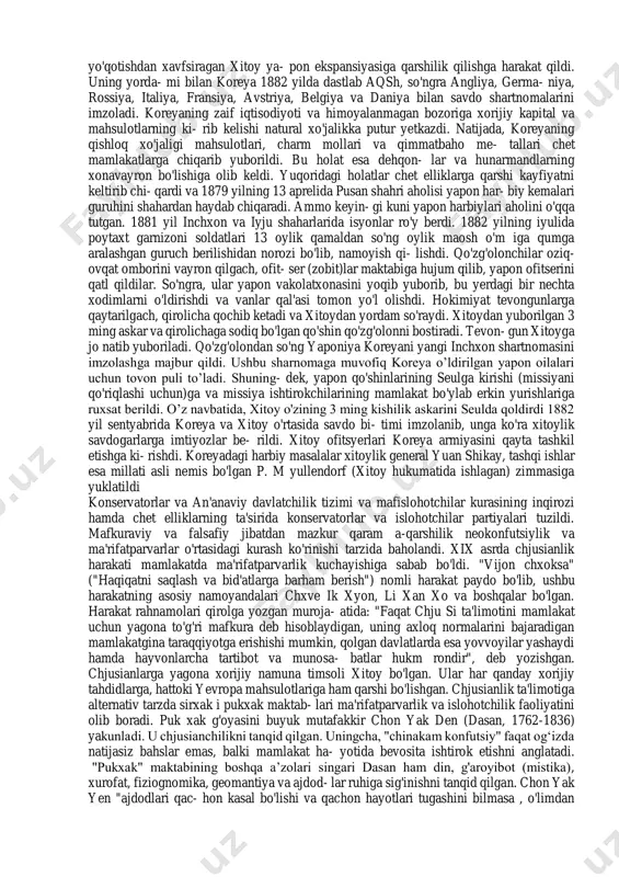 kuril orollarini rossiyadan ajratib, o`ziga qo`shib oldi. 1875- yilda yaponiya koreyaga hujum qildi va kanxva orolini bosib oldi. 1876- yili yaponlar uchun koreya «ochiq» mamlakat deb e'lon qilindi. yapon mollari bojsiz sotiladigan bo`ldi. shu yo'1 bilan koreya xitoy ta'siridan ajratib olindi. 1894-1895-yillardagi yaponiya—xitoy urushi yaponiya-xitoy munosabatlaridagi ziddiyat 1894-1895- yillarda urushga olib keldi. 1894yil iyulida yaponiya seulda saroy to`ntarishi uyushtirib, yaponparast hukumat tuzdi va poytaxt gornizonini qurolsizlantirdi. bu hodisa 1894- yil avgustida yapon-xitoy urushi boshlanishiga olib keldi. xitoy harbiy flotining transport kemalari cho`ktirildi. ayni paytda, yapon qo`shinlari urush e'lon qilmasdan koreyada turgan xitoy harbiy qismlariga hujum qildi. 1894- yilda xitoy qo`shinlari pxenyan yonida mag`lubiyatga uchradi. bu hol yaponiyaning uzoq sharqda ustunlikka ega bo`lishiga yo'1 ochdi. yaponiyaning zamonaviy qurollar bilan ta'minlangan harbiy kuchlari ham quruqlikdan, ham dengizdan hujum uyushtirib, xitoy qo`shinlarini mag`lubiyatga uchratdi. 1895yil 17- aprelda simonoseki sulhi tuzildi. xitoy koreyaning mustaqilligini tan oldi. lyaodun, tayvan, penxu (peskador) orollarini yaponiyaga berdi. shunindek, …