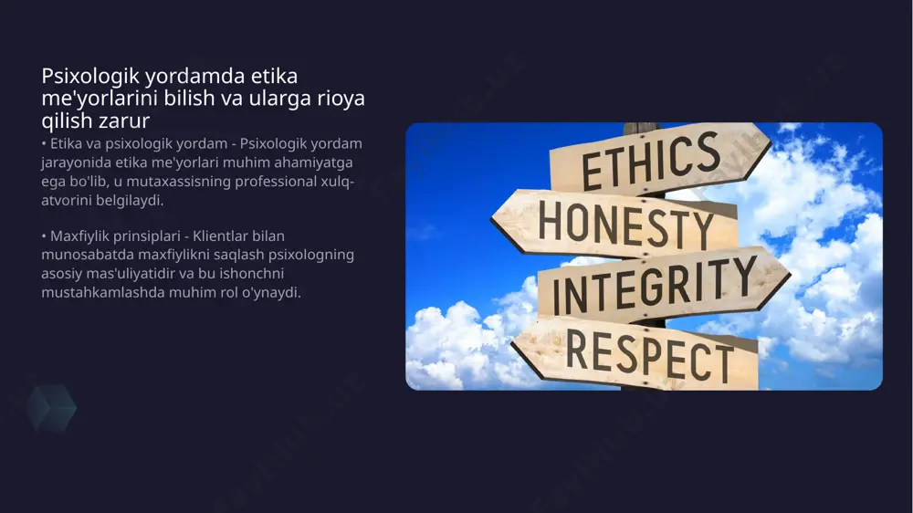 ribalar almashinishning imkoniyati oshadi. • komanda ishining foydalari - birgalikdagi ish komanda sifatida muammolarni hal qilishni osonlashtiradi. • kasbiy etikaga rioya qilish - o'zaro hurmat va hamkorlik kasbiy etikaga bevosita ta'sir qiladi va professional munosabatlarni mustahkamlaydi. psixologlar bemorlar bilan ishlashda empatiya ko'rsatishlari zarur • empatiya tushunchasi - empatiya insonlarning bir-birini anglash va tushunish qobiliyatidir bu psixologik muvozanatni ta'minlashda muhim ahamiyatga ega • bemorlar uchun empatiyaning ahamiyati - bemorlar psixologik qo'llab-quvvatlashga muhtoj bo'lgan paytlarda empatiya o'zini qanday his qilishini bilishlariga yordam beradi thank you for your attention! image1.jpg image2.jpg image3.jpg image4.jpg image5.jpg image6.jpg phi confidentiality agreement phipa and confidentiality iionit /docprops/thumbnail.jpeg