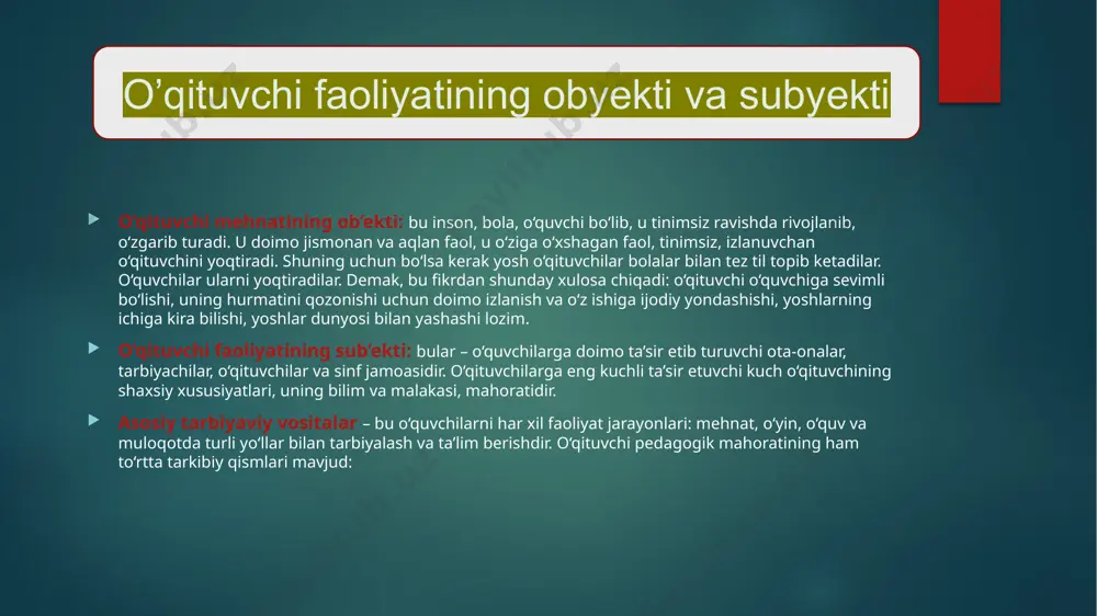ari, qoida va tamoyillarini bilish. 3. metodik bilimlar – o‘quv ta’lim jarayoni konstruksiyasining modelini amaliy va nazariy jihatdan tuza olishi kerak (ta’lim jarayonini modellashtira olishi). 4. ta’limning texnologik tomoni – konkret sharoitda ta’lim va tarbiya sohasidagi amaliy vazifalarni samarali hal eta olishi. pedagogik qobiliyat. pedagogik faoliyatda 6 ta etakchi qobiliyat mavjud: kommunikativ qobiliyat: perseptiv qobiliyat: o‘qituvchining shaxsiy harakatchanligi. hissiy tuyg‘ular. o‘quvchining kelajagiga ishonch. kreativlik. pedagogik texnika. pedagogik texnika ikkita katta guruhda farqlanadi: birinchisi - o‘z-o‘zini boshqarish malakasi(gavdasini, gavda a’zolarini boshqarish), hissiy holatini boshqara olishi, nutq texnikasi va madaniyatini o‘zlashtirishi. ikkinchisi – bu asosan didaktik malaka va ko‘nikmalar, tashkilotchilik, kommunikatsiya, dars konstruksiyasi va boshqa qobiliyatlarning majmuasidan tashkil topgan. pedagogik vazifa – bu ongli ravishda yuzaga keltirilgan pedagogik vaziyat bo‘lib, uning bosqichlari oldindan rejalashtiriladi. pedagogik vaziyat to‘satdan yuzaga keladigan pedagogik vazifa yoki vaziyat, o‘zaro munosabatlarning muammoli holatidir. o‘zbekiston respublikasining yangi “ta’lim to‘g‘risida”gi qonuni asosida o‘qituvchi faoliyati mazmuniga qo‘yiladigan talablar. o`zbekiston respublikasi prezidenti …