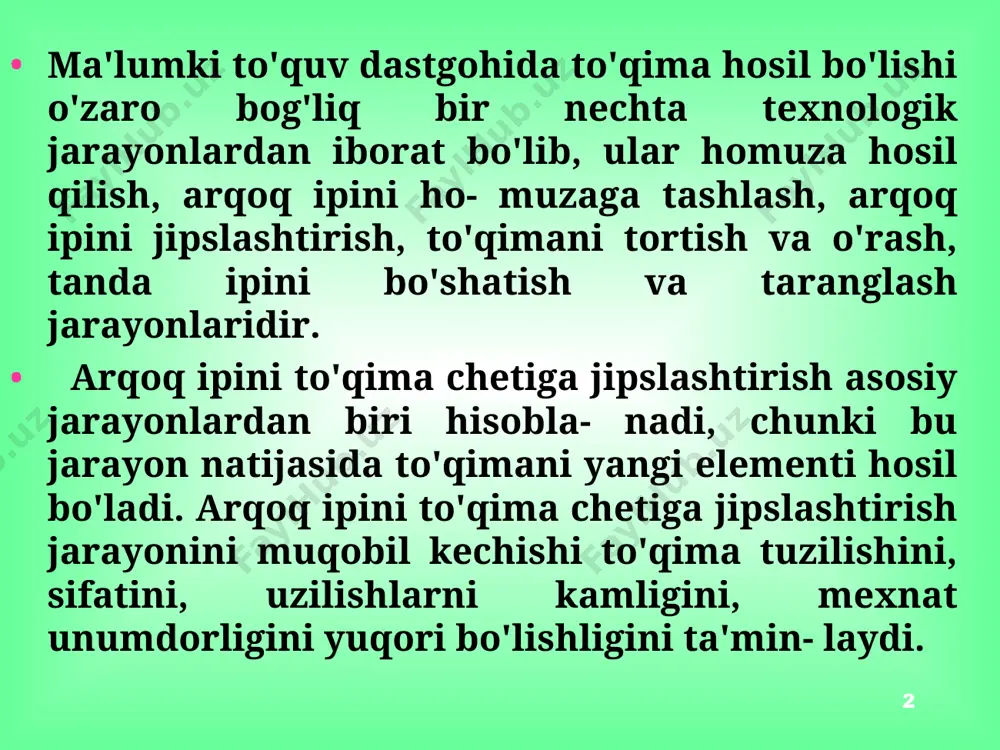 ikastlanishi kamroq bo'lishi uchun batan mexanizmining harakat yo'li muqobil bo'lishi kerak; − arqoq ipini jipslashtirish keskin emas balki bir me'yorda kechishi kerak; − batan mexanizmini og'irligi etarli darajada muqobil bo'lishi bilan birga bar- cha texnologik va texnik jarayonlarni bajarishga etarli bo'lishi kerak; − mexanizm pishiq, tuzilishi jihatidan sodda,yuxizmat ko'rstish tomonidan qulay va ishchilar uchun xavfsiz bo'lishi kerak. batan mexanizmlarini harakat uzatmasiga qarab krivoship - shatunli va kulachokli batan mexanizmlariga bo'linadi. таълим ма+садлари * mokili to'quv dastgohini batan mexanizmi mokili to'quv dastgohini batan mexanizmi quyidagi vazifalarni bajaradi: - arqoq ipini to'qima chetiga jipslashtirish; - to'qimani tanda ipi bo'yicha zichligini ta'minlash; - to'qima enini bir tarzda saqlash; - moki uchun yo'naltiruvchi vazifasini o'tash; - arqoq ipini to'qima chetiga jipslashtirish vaqtida mokini xomuzadan tashqari- da bo'lishini ta'minlash; таълим ма+садлари * таълим ма+садлари * batan mexanizmlari tuzilishiga qarab quyidagi turlarga bo'linadi: 1. krivoship-shatunli (asosan mokili dastgohlar uchun); 2. kulachokli (mokisiz dastgohlar uchun). krivoship-shatunli batan …