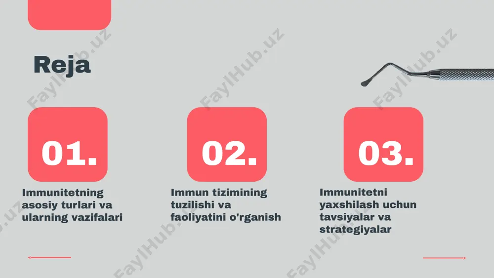 halar orqali amalga oshiriladi. - **kasalliklarning oldini olish:** immun tizimi kasalliklarni keltirib chiqaruvchi agentlarni aniqlab, ularning tarqalishini to'xtatadi, shu orqali organizm sog'lig'ini saqlaydi. - **organizmning sog'lom funksiyalarini saqlab qolish:** immun tizimi ichki muvozanatni boshqarish va yallig'lanish jarayonlarini nazorat qilish orqali umumiy salomatlikni ta'minlaydi. photo by getty images on unsplash immunitetni kuchaytirish usullari to'g'ri ovqatlanish immunitetni kuchaytirish uchun to'g'ri ovqatlanish juda muhimdir. vitaminlar, minerallar va antioksidantlarga boy oziq-ovqatlar, masalan, mevalar, sabzavotlar va to'liq donlar, immun tizimining sog'lom ishlashini ta'minlaydi. jismoniy faollik muntazam jismoniy faollik immunitetni yaxshilaydi. harakat qilish, qon aylanishini yaxshilaydi va stressni kamaytiradi, bu esa immun tizimining kuchayishiga yordam beradi. stressni kamaytirish stress immunitetni pasaytirishi mumkin, shuning uchun stressni kamaytirish usullarini o'rganish muhimdir. meditatsiya, nafas olish mashqlari va yoga kabi usullar yordam beradi. uyqu tartibini normallashtirish sifatli uyqu immunitetni kuchaytirishga yordam beradi. har kuni etarli uyqu olish, tananing tiklanishiga va immun tizimining faoliyatini yaxshilashga yordam beradi. immunitet va sog'liq o'rtasidagi …
