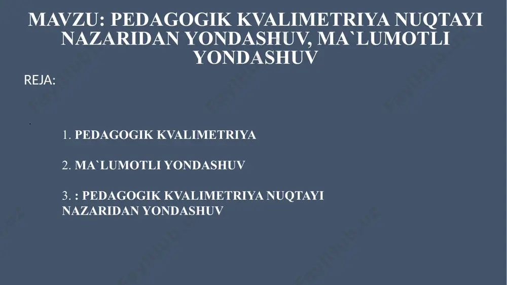 iqot ko‘lami kengayishiga turtki bo‘ldi. kvalimetriyaning uchta — nazariy (umumiy), maxsus va amaliy tarmoqlari mavjud. nazariy kvalimetriyada aniq obyekt loyihalanadi (abstraksiyalanadi) va uning sifat ko‘rsatkichlarining umumiy qonuniyatlari hamda matematik modellari o‘rganiladi. nazariy kvalimetriyaning tadqiqot obyekti jism, ishlab chiqarish mahsulotlari, obyekt va subyektlarning sifatini miqdoriy baholashning falsafiy va metodologik asoslarini ishlab chiqish sanaladi. nazariy kvalimetriya nazariy kvalimetriyaning amaliy sohalarida turli obyekt va jarayonlarning sifatini baholash metodikasi va nazariy asoslari umumiy xususiyatga ega. maxsus kvalimetriya turli maqsadda foydalaniladigan obyektning sifatini baholashning aniq metodikasi va matematik modelini ishlab chiqadi. maxsus kvalimetriyaning ekspert, ehtimollik-statistik, indeksli, kvalimetrik taksonomiya kabi turlari mavjud. amaliy kvalimetriya texnika, ishlab chiqarish, inson faoliyati, turli loyiha va jarayonlarning sifatini baholashni ishlab chiqadigan soha sanaladi. u boshqa fanlar bilan o‘zaro bog‘liq bo‘lib, texnik kvalimetriya, ijtimoiy kvalimetriya, pedagogik kvalimetriya, tibbiy kvalimetriya, geologik kvalimetriya kabi tarmoqlari mavjud. pedagogik kvalimetriya yillar davomida to‘plangan tajribalar, dalillar asosida vujudga kelgan va shakllangan ilmiy-nazariy fan bo‘lib, ta’lim-tarbiya jarayonida …