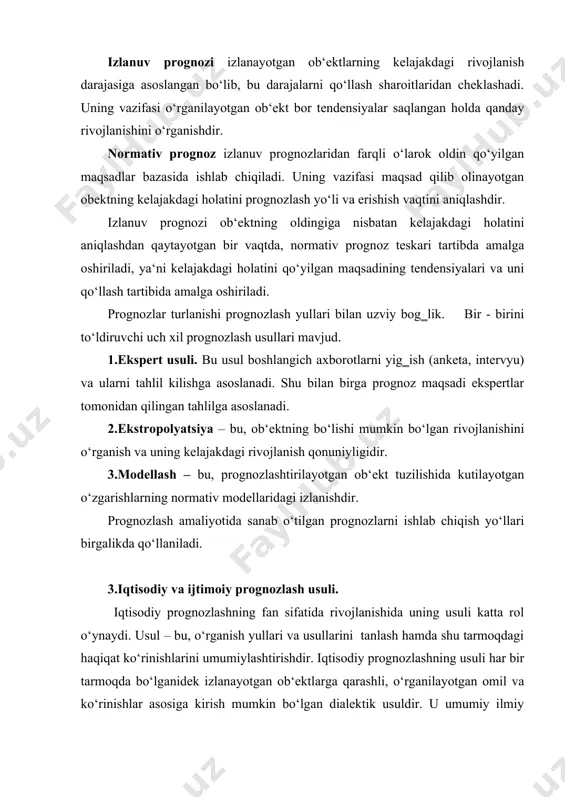 nishiga yondashuv hamda iqtisodiy ko‘rinishlarni ilmiy prognozlashga asoslangan o‘ziga xos usullar asosida ishlatiladi. umumiy yondashuvlardan quyidagilarni ajratish mumkin: tarixiy yondashuv; kompleks yondashuv; tizimli yondashuv; tuzilmaviy yondashuv; tizimli-tarkibiy yondashuv. тarixiy yondashuv har bir hodisaning tarixiy tuzilishi bilan o‘zaro bog‗likligini ko‘rib chiqishdan iborat. o‘tmish hozirgi kun va kelajakning o‘zaro bog‗liqligidan kelib chiqadi, kelajak hozirgidek mavjuddir. shuning uchun prognozlash hozirda mavjud bo‘lgan qonun va tendensiyalarni undan tashqariga o‘tkazadi va uning asosida kelajakning mavjud bo‘lmagan modelini ishlab chiqish bilan bog‗liq. bir xil ko‘rinishdagi har xil tarixiy shakllarning mavjudligi orasidagi bog‗liqlik izlanayotgan ob‘ektning hozirgi ko‘rinishi uning oldingi rivojlanish natijasi ekanligini bildiradi. bunday yondashuv mantiqiy izlanish ijtimoiy rivojlanish tarixiy xarakterining aksi hisoblanadi. kompleks yondashuv hodisalar va ularning bog‗liqligi va karamligini ko‘rib chiqishni o‘z ichiga oladi. buning uchun shu hodisalarni o‘rganuvchi nafaqat bu fan, balki boshqa fanlarning ham usullaridan foydalaniladi. ijtimoiyiqtisodiy ob‘ektlarning kelajakdagi rivojlanishi haqidagi ilmiy tasavvurlarni ishlab chiqishning nazariy asosi siyosiy iqtisod hisoblanadi. iqtisodiy prognozlashning amaliyoti …