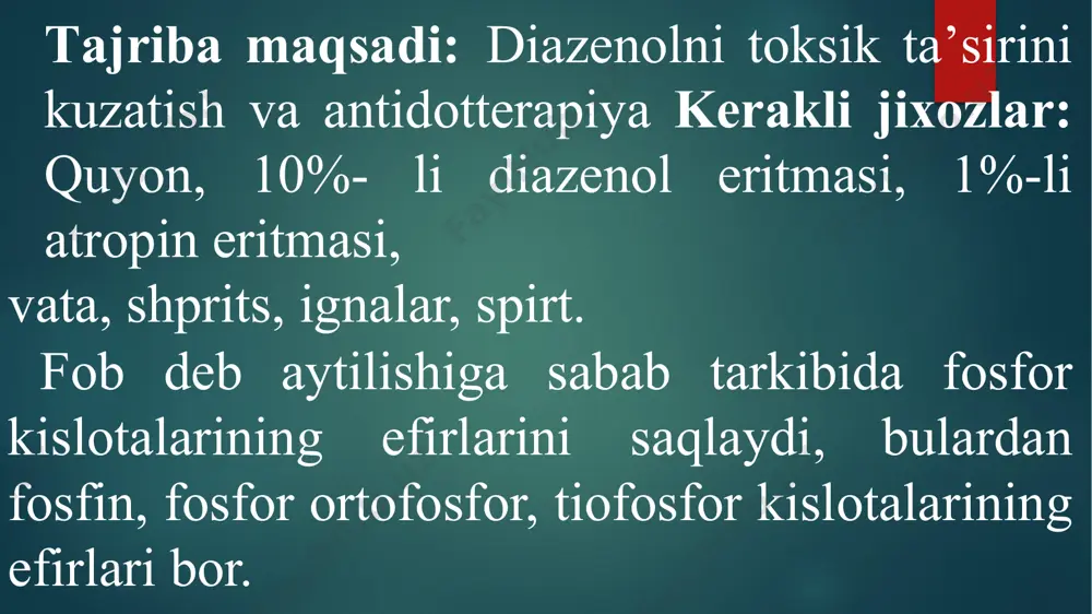 ajralish, so‘lak oqish belgilari bilan boshlanadi. yashin tezligida kechganda – ayniqsa yosh hayvonlarda ko‘proq kuzatiladi. zaxarlanish belgilari 15-20 daqiqadan keyin paydo bo‘ladi. dastlab birdaniga harakatning tezlashishi, bezovtalanish, eshitish va ko‘rish reflekslari susayadi, harakat koordinatsiyasi buziladi,skelet muskullari qaltiray boshlaydi, o‘z-o‘zidan oldinga qarab harakatlanib ketaveradi va yiqiladi. og‘zidan so‘lak oqishi kuzatiladi. birozdan keyin oyoqlari qaltirab (paralich) falajlanadi, tez-tez siydik va tezak ajrata boshlaydi. bu hol 1-1,5 soat davom etadi va o‘lim bilan tugaydi. 2. o‘tkir kechishida ham yuqoridagilar sodir bo‘ladi. 3. o‘rta kechishi, unada quyidagi belgilari bezovtalanish, hayajonlanish, ko‘z qorachig‘i kengayishi, qo‘rqish, ko‘z yosh oqishi, so‘lak oqishi, burundan oqish, ter bezlari, yog‘ bezlari, hayvon terlaydi, suv tomchilab oqadi, og‘zi ko‘piradi, oshqozon matorikasi bir necha bor oshadi, defiratsiya tez-tez bo‘lib turadi, avval tezak keyin suyuqlik 1-2 soat ichida oshqozon, ichak sistemasi bo‘shab ketadi, organizm suvsizlanadi, keyinchalik holsizlanish, zaiflashish ko‘rinadigan shilimshiq pardalar ko‘paradi, tutqanoq, qaltiroq boshlanadi, tez ozib ketadi, hayvon 1-2 sutkada o‘ladi, yurak …