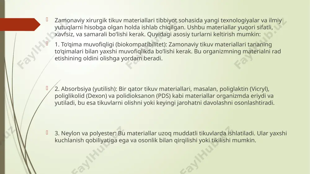 nish jarayonini qo‘llab-quvvatlash va infeksiyalarning oldini olish uchun mo‘ljallangan. tikuv materiallarining tasnifi tikuv materiallari ikki asosiy guruhga bo‘linadi: rezorbsiyalanadigan materiallar (o‘z-o‘zidan eriydigan): to‘qimalar ichida vaqt o‘tishi bilan biologik fermentlar yoki gidroliz jarayonida parchalanadi. materiallar: katgut: sigir yoki qo‘yning ichak to‘qimalaridan tayyorlanadi. oddiy katgut tez eriydi, xromlangan katgut esa uzoqroq davom etadi. poliglaktin (vicryl): sintetik bo‘lib, ichki jarrohlik amaliyotlarida keng qo‘llaniladi. polidioksanon (pds): o‘rtacha 6 oyda eriydi va yuqori mustahkamlikni ta'minlaydi. 2. rezorbsiyalanmaydigan materiallar (doimiy): uzoq muddat davomida to‘qimalarni biriktirib turadi, olib tashlanishi kerak. materiallar: ipak: tabiiy tolalardan tayyorlanadi, lekin yuqori infeksiya xavfiga ega. polipropilen: kimyoviy barqarorlikka ega, yurak-qon tomir va ortopediya jarrohligida ishlatiladi. poliester: yaxshi mustahkamlikka ega va teri jarrohligida ishlatiladi. tikuv iplarining shakli va strukturalari monofilament: bitta tolali ipdan iborat bo‘lib, kam infeksiya chaqiradi, lekin tugun qilish qiyinroq. polifilament: bir nechta tolalar yig‘indisidan iborat. uzoq muddatli jarohatlar uchun qulay, lekin bakteriyalarni ushlab qolish xavfi bor. yangi texnologiyalar asosida ishlab …
