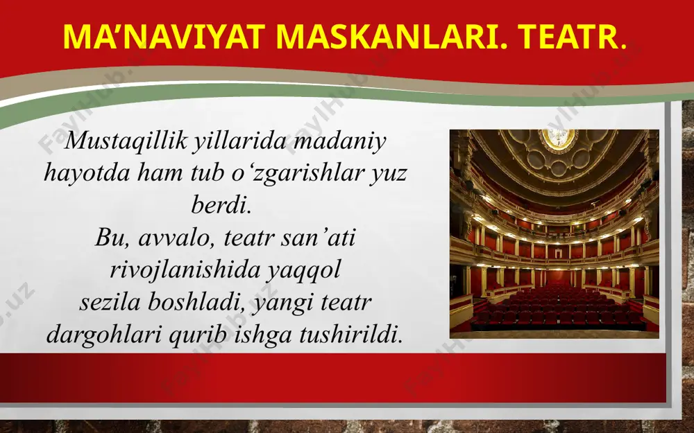 eografiya oliy maktabi tuzildi. vazirlar mahkamasining 1997-yildagi qarori bilan har ikki yilda bir marotaba samarqand shahrida “sharq taronalari” xalqaro musiqa festivali o‘tkazila boshlandi. birinchi festivalda dunyoning 31 mamlakatidan vakillar ishtirok etishdi. 1998-yili mamlakatimizda birinchi marta simfonik musiqa festivali o‘tkazildi. mazkur festivalda dunyoning 20 ga yaqin mamlakatlaridan ijrochilar ishtirok etishdi. tasviriy san’at. tasviriy san’at uchun mustaqillik keng imkoniyatlar yaratib berdi. avvalo, 1997-yilda o‘zbekistonda birinchi bor badiiy akademiya tashkil etildi. kino. mustaqillik yillarida milliy kino san’atini rivojlantirishga ham alohida etibor qaratildi. dastlabki davrdagi moliyaviy qo‘llab-quvvatlashlar 2004-yili “o‘zbekkino” milliy agentligi tashkil etilgandan keyin yangi bosqichga ko‘tarildi. badiiy adabiyot. umuman, adabiyotga e’tibor madaniyatning muhim yo‘nalishi bo‘lib qoldi. yozuvchilarni qo‘llab-quvvatlash borasida 2010-yil o‘zbekiston yozuvchilar uyushmasi huzurida “ijod” fondi tashkil etilib, 2011-yildan yosh ijodkorlarning birinchi kitoblari davlat hisobidan chop qilina boshlandi. muzey o‘zbekiston prezidentining 1998-yildagi “muzeylar faoliyatini tubdan yaxshilash va takomillashtirish to‘g‘risida”gi farmoni mamlakatimizda muzey ishini rivojlantirish istiqbollarini belgilab berdi. savol va topshiriqlar: 1. mustaqillikning dastlabki …