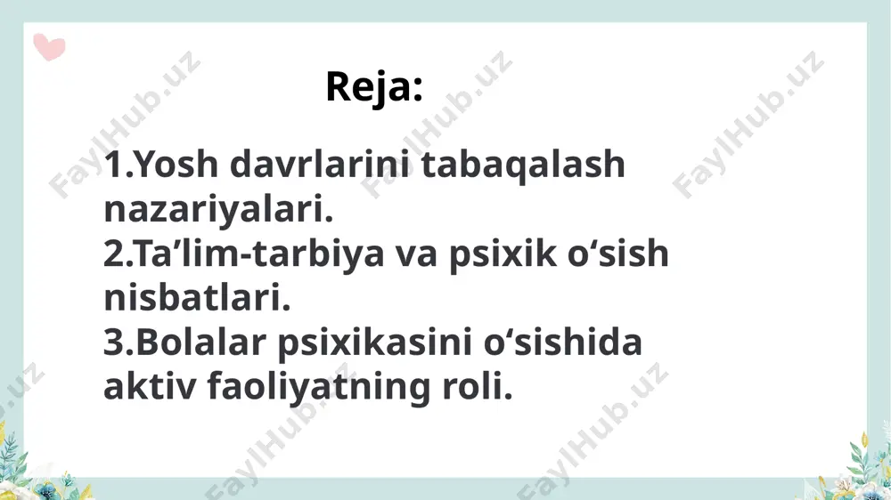 faoliyat--shaxsning intim munosabati. 6)katta oʻsmirlik yoki oʻspirinlik davri-16-17 yoshgacha, asosiy faoliyat oʻqish,kasb tanlash bolalarning psixik jihatdan oʻsishida taʼlim va tarbiya gʻoyatda muhim ahamiyatga ega ekanligi xix asrning oʻrtalaridan tobora koʻp taʼkidlana boshladi.bolalar psixikasining oʻsishi bilan taʼlim va tarbiyaning oʻzaro munosabati haqidagi masalani hal etishga urinayotgan nazariyalar hozir koʻp topiladi. taʼlim va psixik oʻsish bir-biriga mos keladigan nazariyaning namoyondalari (amerikalik psixologlar jems ,torndayk va ingliz psixologi mak-daugal) ning daʼvo qilishicha:1)ikkala prosses bir-biriga yaqin va parallel holda boradi -taʼlim tarbiya bilan psixik oʻsish qadam baqadam boradi; 2) taʼlim va psixik oʻsish bir vaqtda amalga oshadi.bu nazariya ikki prossesni aralashtirib, bir-biriga tenglashtirib qoʻyadi bu - taʼlim prossesni oʻrganilsa, psixik oʻsish prossesi ham oʻrganilgan boʻladi,degan xulosaga olib keladi. bola psixikasi oʻyin, oʻqish,oʻrganish, mehnat va ijtimoiy faoliyat jarayonida oʻsib boradi.oʻyin bogʻcha va maktabgacha tarbiya yoshidagi bolalar faoliyatining yetakchi turidir. oʻyin koʻp asrlar davomida pedagoglar , faylasuflar, yozuvchilar eʼtiborini jalb qilib keldi. oʻyinga psixologlar hammadan koʻproq …