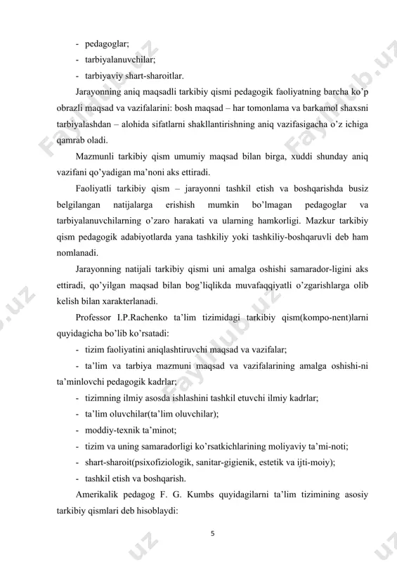 i, ularning ko’ptomonlama o’zaro ta’sirini, birligini belgilab beruvchi aloqadorlik. · tarbiya va faoliyatning aloqadorligi: tarbiyalash – faoliyatning turli turlariga tarbiyalanuvchilarni jalb etish demakdir. · tarbiya va shaxs faolligining aloqadorligi: agar uning ob’ek-ti(shaxs) bir paytning o’zida sub’ekti sifatida aks etsa, tarbiya muva-faqqiyatli amalga oshadi, ya’ni shaxs o’zining faol xulq-atvorini, shaxsiy erkinligini, mustaqilligini, faoliyatdagi ehtiyojini namoyon etadi. · tarbiya va muloqotning aloqadorligi: tarbiya jarayoni har doim odamlar – o’qituvchilar va ta’lim oluvchilarning o’zaro harakatida kechadi. · bola tarbiyasi muvafaqqiyati to’g’ridan-to’g’ri shaxslararo aloqalar-ning intensivligi va boyligiga bog’liq bo’ladi. · pedagogik jarayonning dinamik qonuniyati – ta’lim oluvchining keyingi barcha muvafaqqiyatlarining qimmati uning dastlabki bosqichlar-dagi muvafaqqiyatiga bog’liq bo’ladi. · pedagogik jarayonda shaxsning rivojlanishi qonuniyati – shaxs rivoji darajasi va sur’ati: · irsiyat; · tarbiya va o’quv muhiti; · pedagogik ta’sir etish usul va vositalarining qo’llanishiga bog’liq bo’ladi. · o’quv-tarbiya jarayonini boshqarish qonuniyati – pedagogik ta’sirning samaradorligi: · ta’lim oluvchilar va pedagoglar orasidagi qayta aloqalarning intensivligi; …