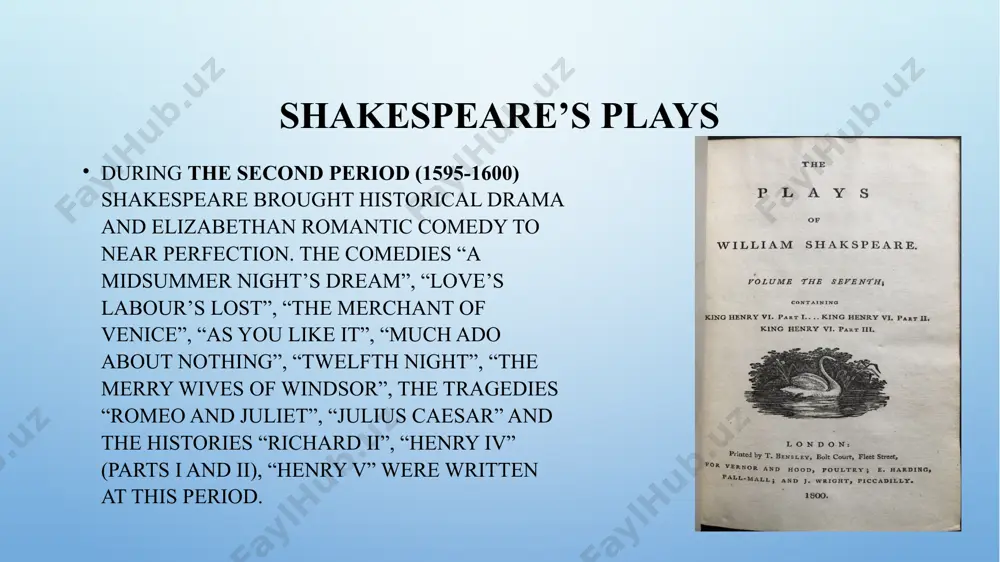 espeare’s sonnets in addition to his plays and two narrative poems, shakespeare wrote a sequence of 154 sonnets. his sonnets were probably written in the 1590s but first published in 1609. shakespeare’s sonnets occupy a unique place in the shakespearian heritage, because they are his only lyrical pieces, the only things he has written about himself. the three main characters in the sonnets are the poet, his friend and the dark lady. the poet expresses the warmest admiration for the friend. the dark lady is the beloved of the poet; unlike the idealized ladies in the sonnets of petrarch and his followers, she is false and vicious, but the poet, though aware of the fact, can’t help loving her. and then comes the tragedy: the friend and the dark lady betray the poet and fall in love with each other. image2.png image4.jpeg image5.jpeg image6.jpeg image7.jpeg image8.jpeg image9.jpeg image10.jpeg image1.png /docprops/thumbnail.jpeg